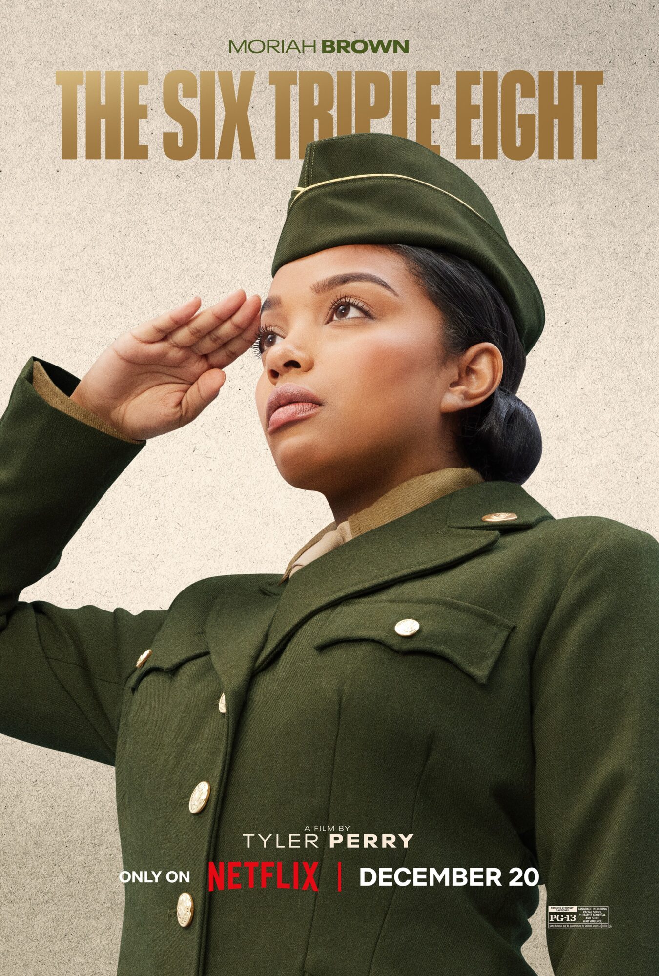 Woman in military uniform saluting, with text about a Netflix series, December 20 release, and actor Tyler Perry.