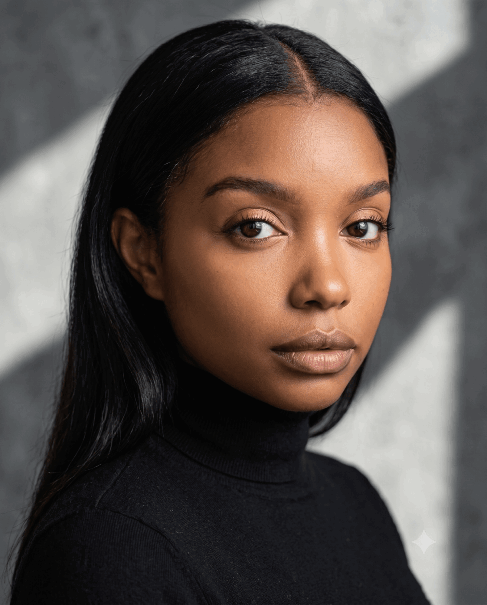Portrait of a young woman with long black hair wearing a black turtleneck, looking at the camera.