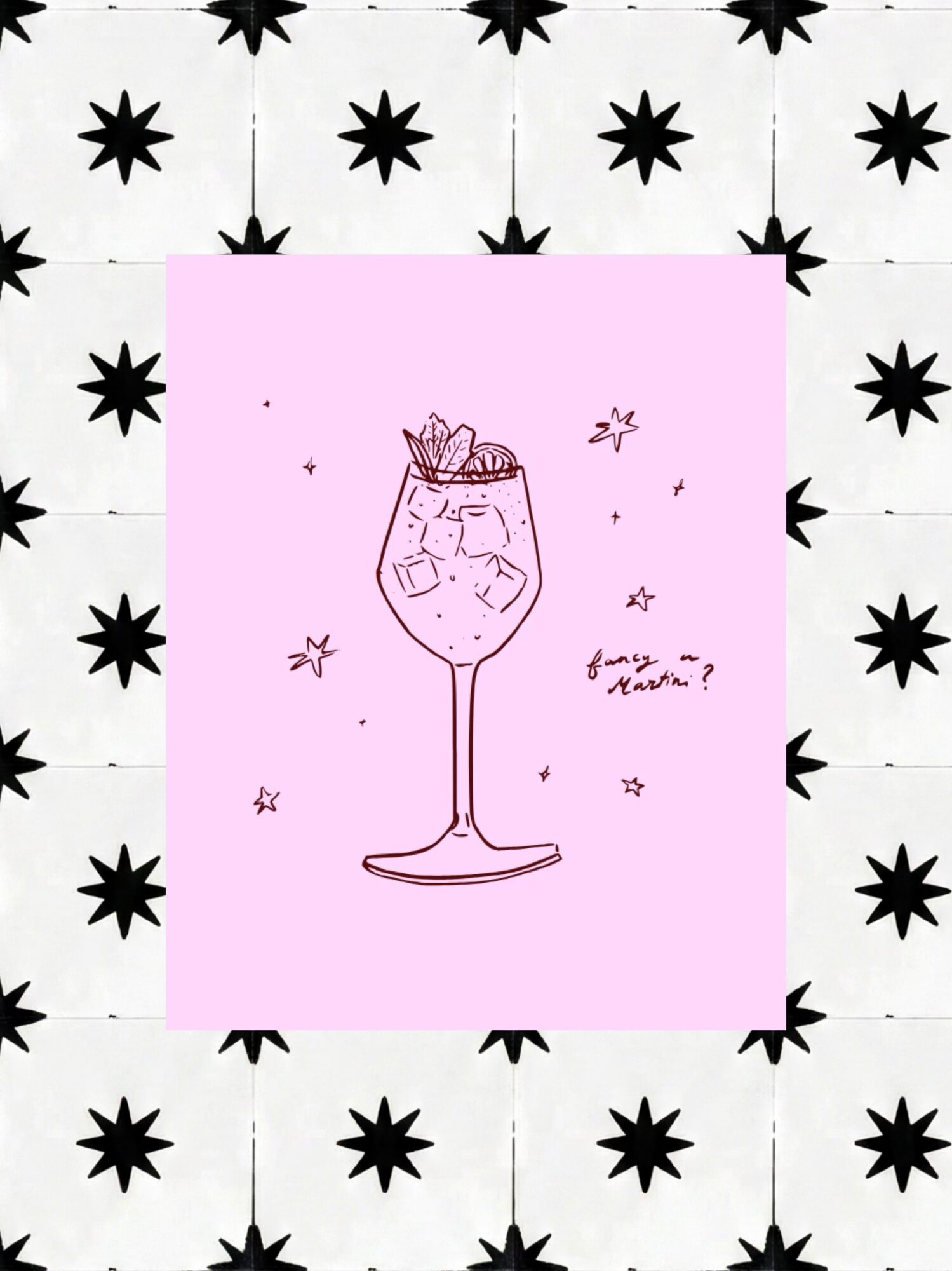 A hand-drawn illustration of a glass with a face, a straw, and a cherry on top, on a pink background.