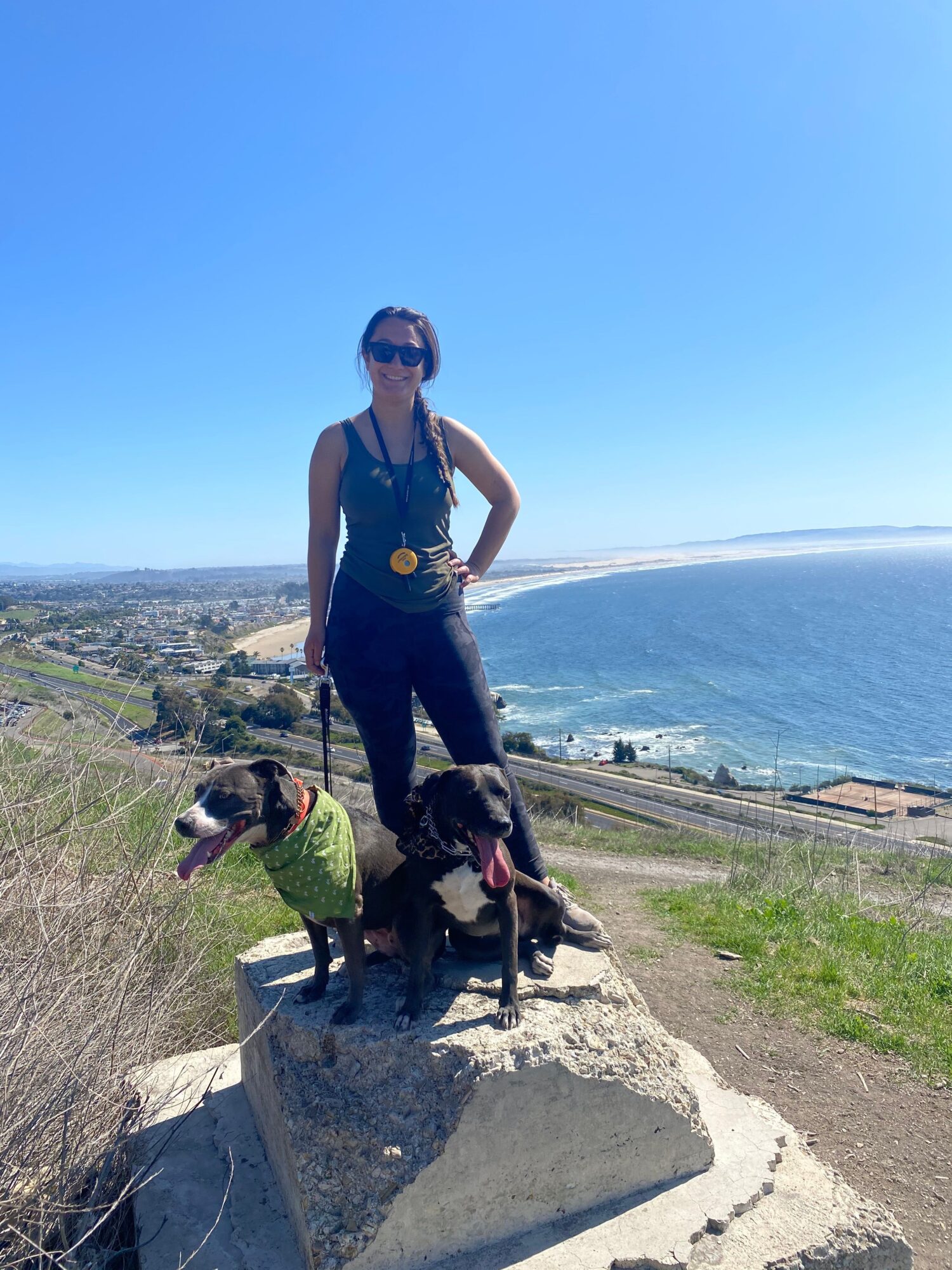 Woman standing on a concrete block near the water with a dog, ocean and sky in background.