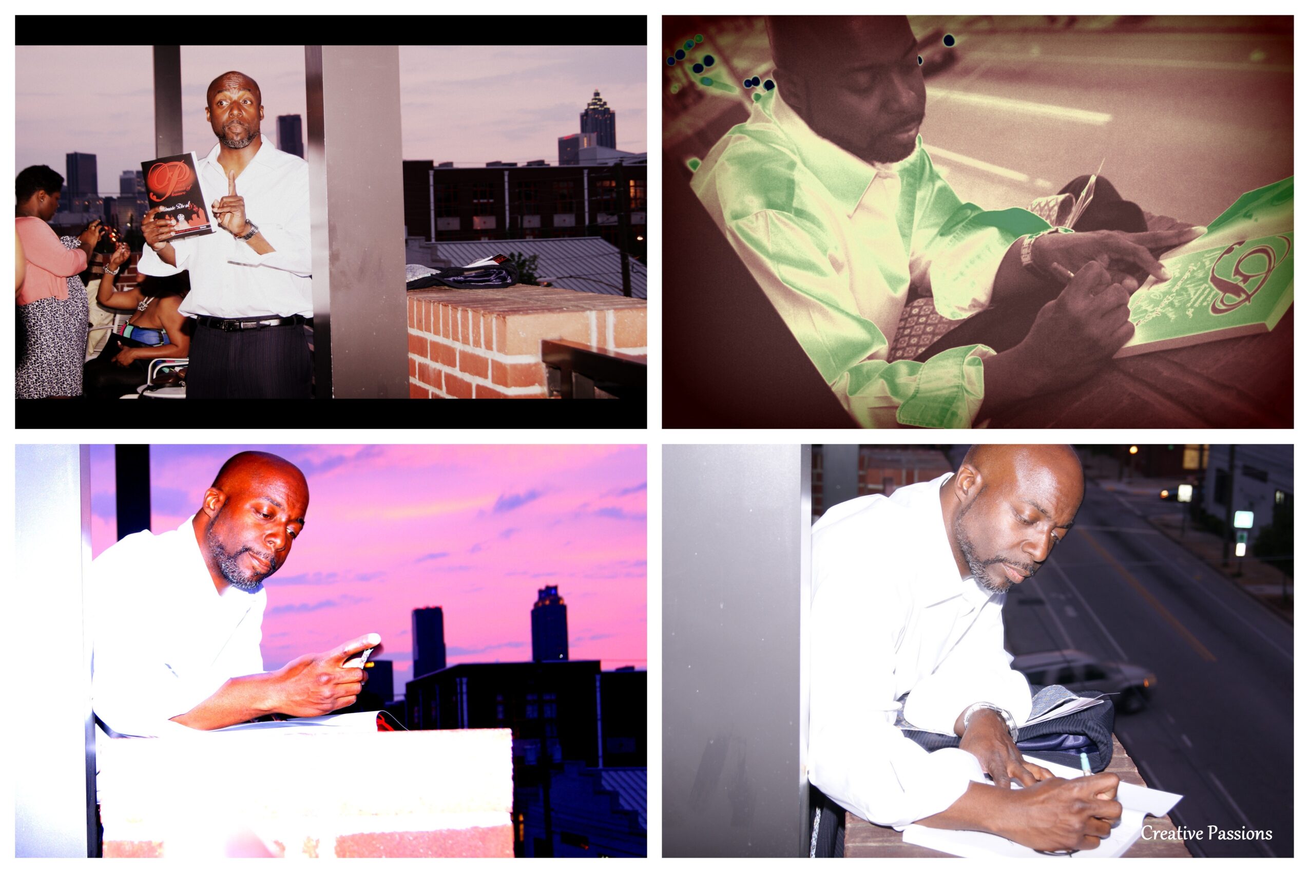Four images of a man in white shirt using a mobile device in different settings, including indoors and outdoors.