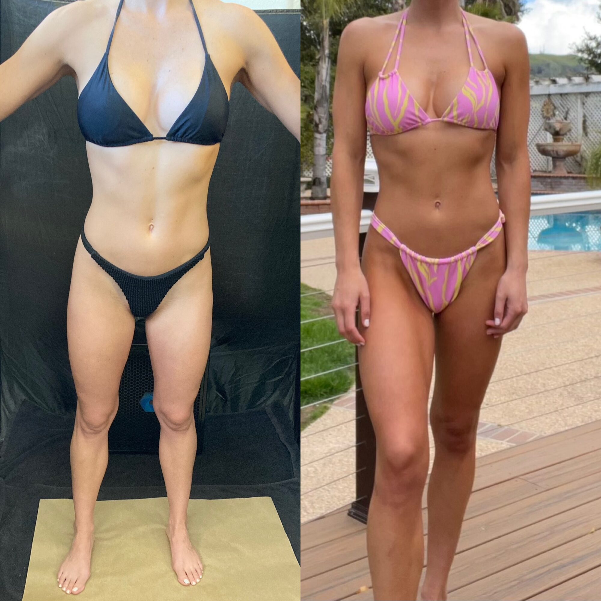 Two women in bikinis, one in a dark blue and the other in pink, standing outdoors near a pool and grass.