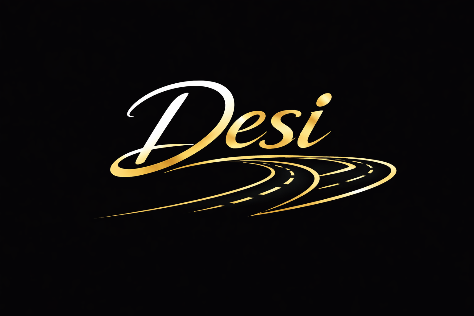 Logo with the word 'Desi' in gold and white, with curved lines beneath on a black background.