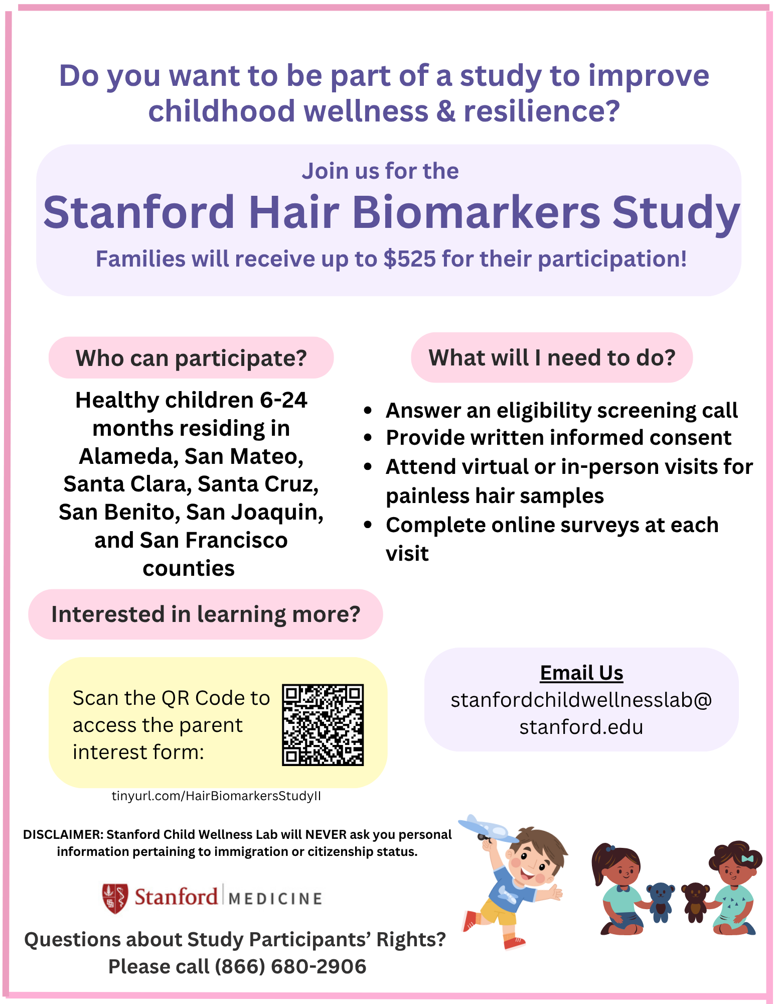 Flyer about Stanford Hair Biomarkers Study, includes questions, eligibility, contact info, and a cartoon child with a stethoscope.