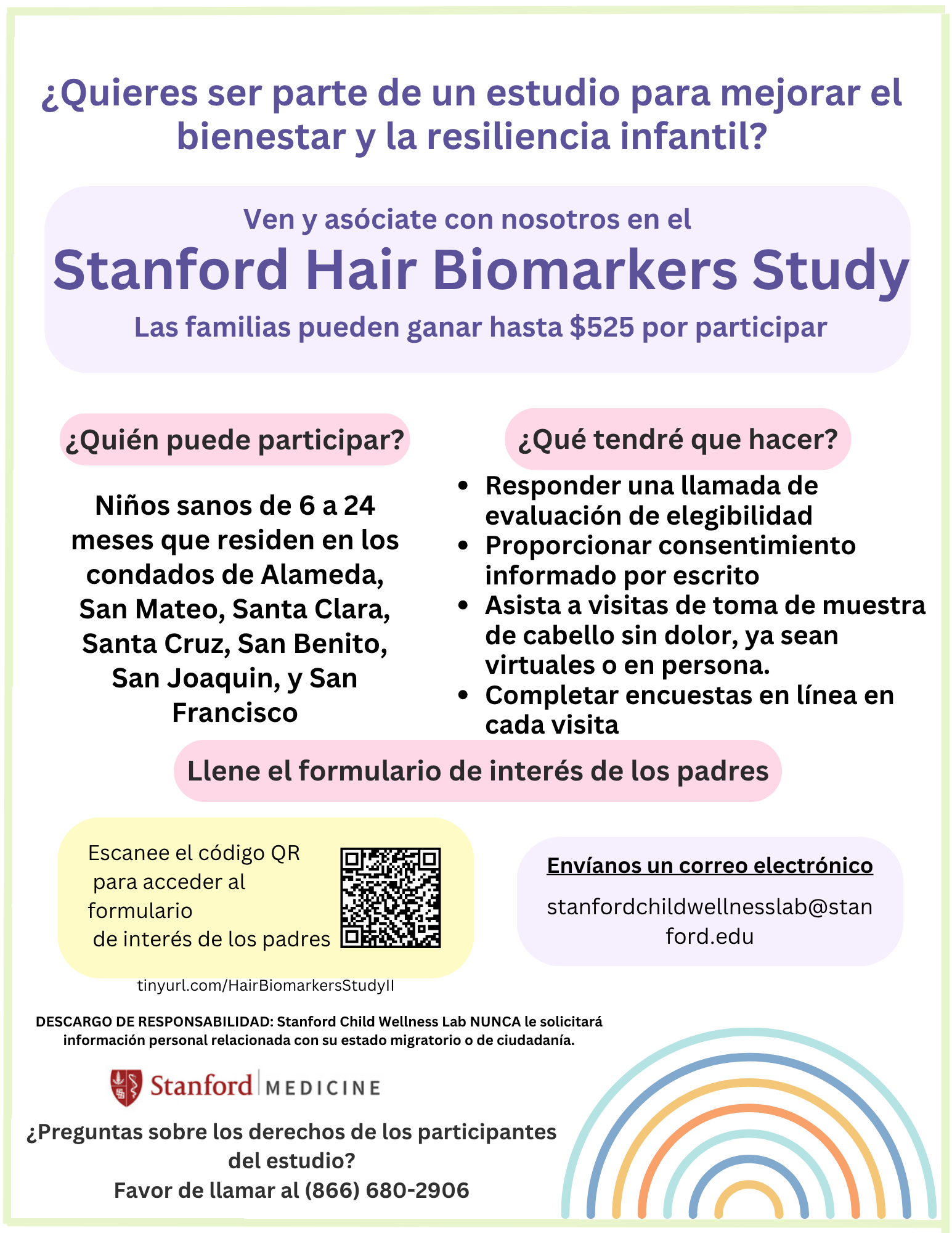 Text-based advertisement for Stanford Hair Biomarkers Study, inviting parents to participate in a study to improve child well-being, with QR code and contact info.