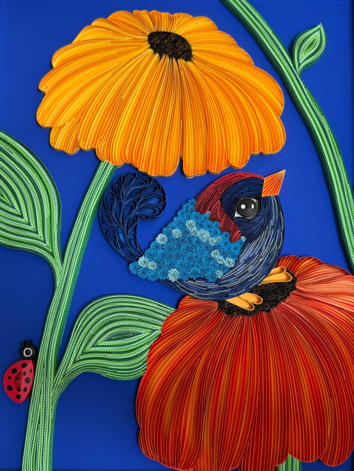 Colorful illustration of a bird perched on a large orange flower with green leaves and a ladybug on a blue background.