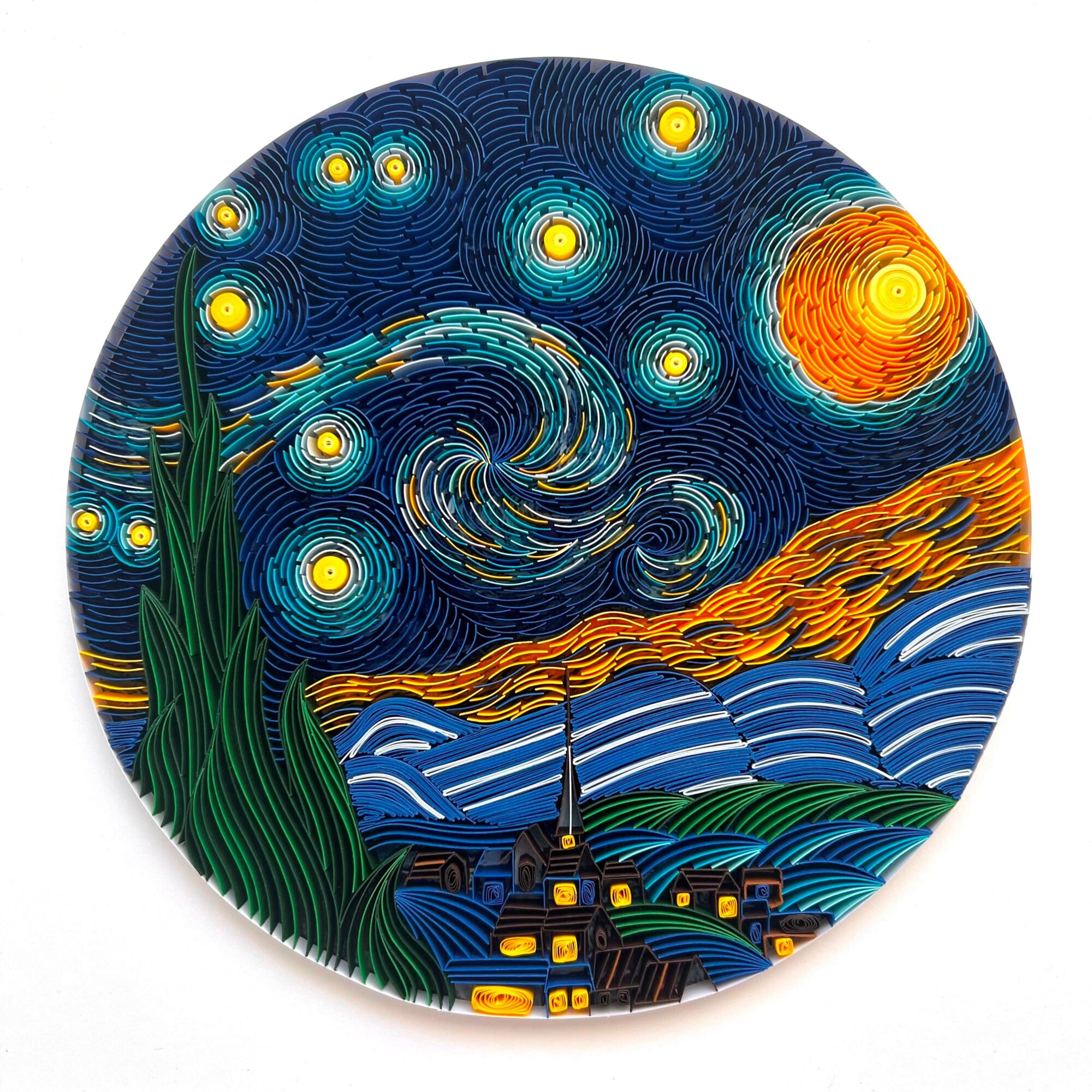 Circular painting of a starry night sky with swirling stars, a bright moon, and a village with illuminated windows.