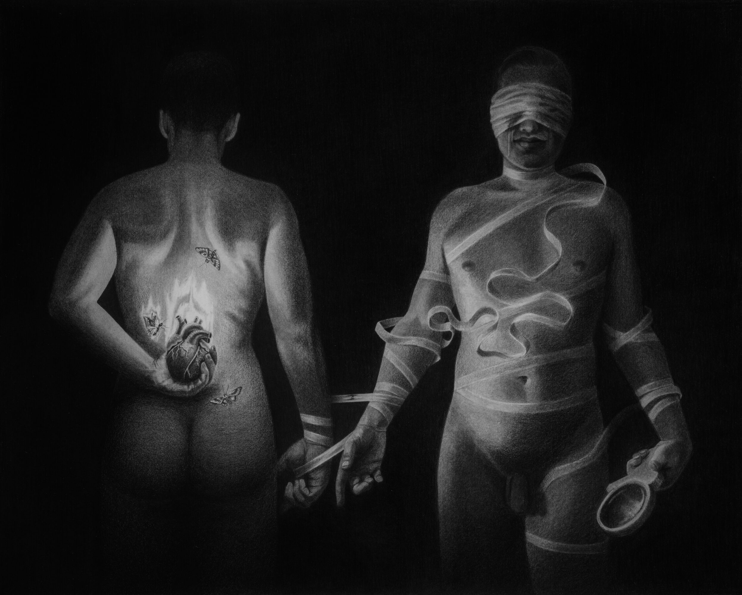Two people with their backs and faces covered in bandages, holding hands, surrounded by swirling smoke or mist.