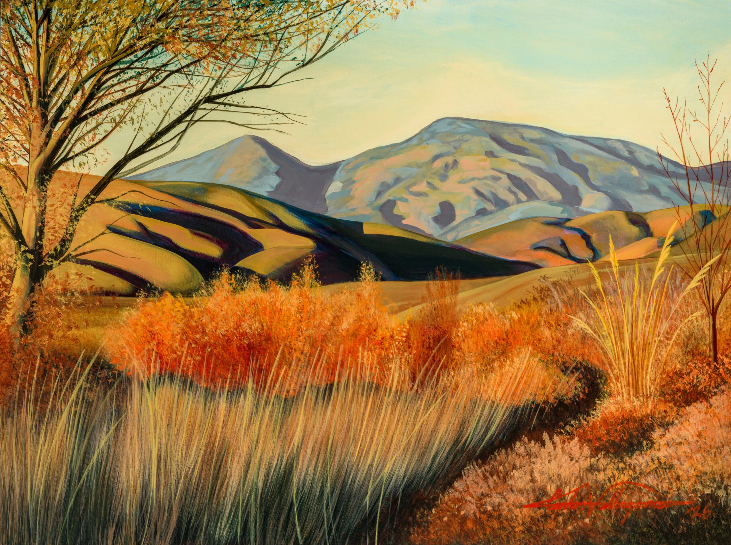 Landscape with mountains, trees, and colorful foliage in warm tones, under a light sky.