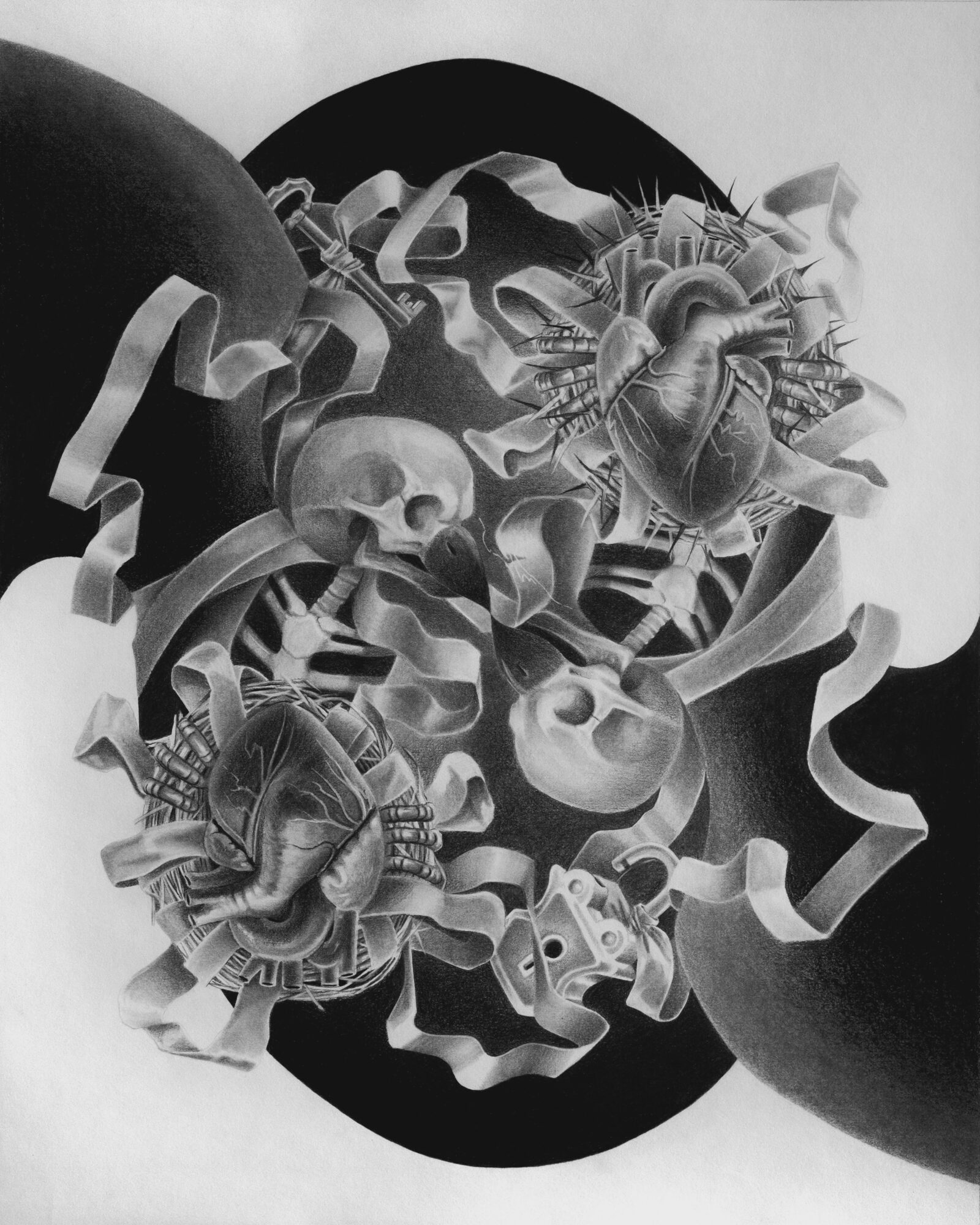 Black and white abstract artwork with skulls, ribbons, and a human heart in a circular composition.