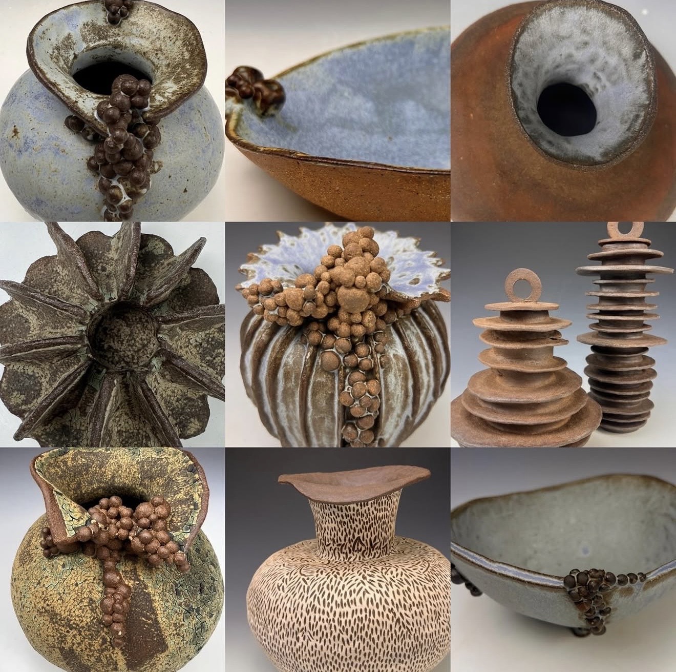 Collection of ceramic vessels with textured surfaces and organic shapes, some with protrusions or decorative elements, on neutral backgrounds.