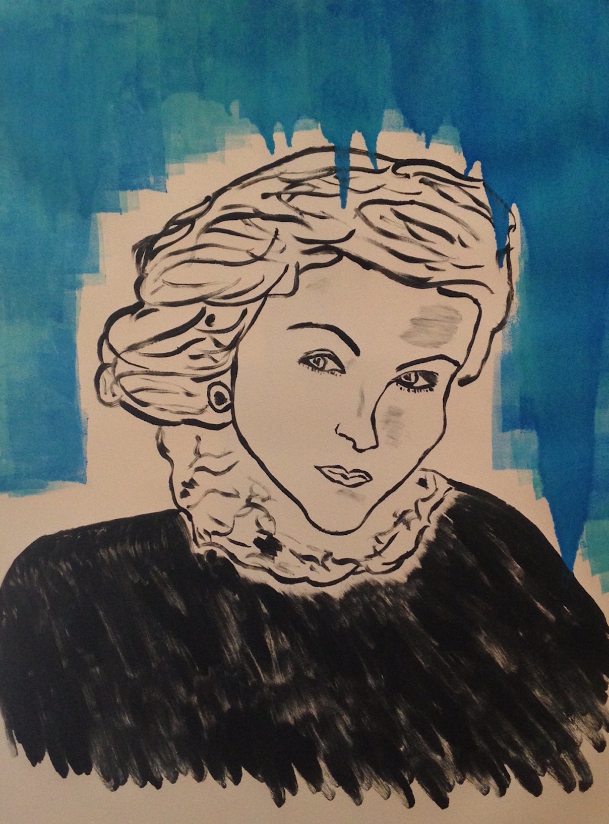 Line drawing of a woman with wavy hair, wearing a dark top, against a blue background.