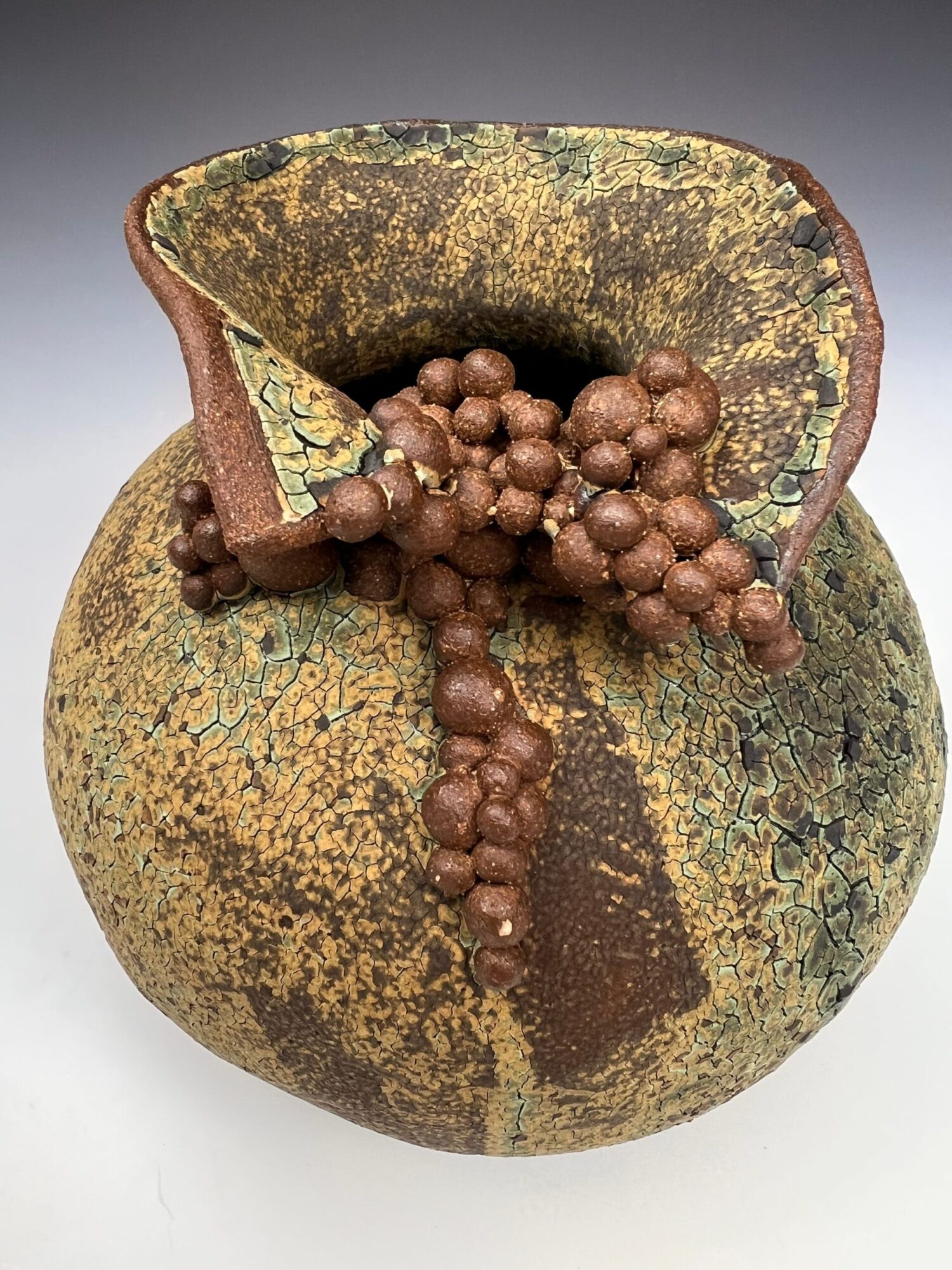 Round fruit with a rough, mottled surface and a cluster of small, brown, spherical seeds attached to a cut section.