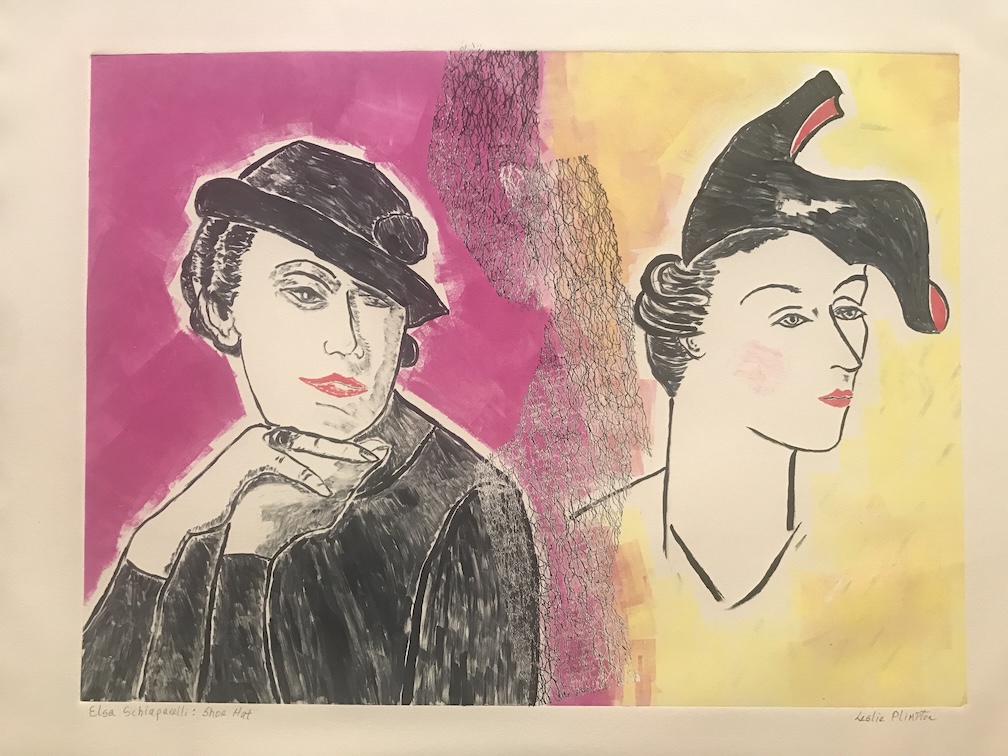 Two women with stylized hair and makeup, one wearing a hat and the other with a headscarf, in a colorful background.