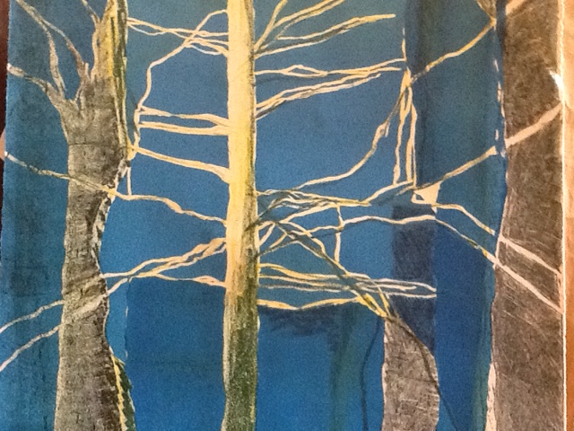 A painting of leafless trees with a blue background and brown border, showing branches and trunks.