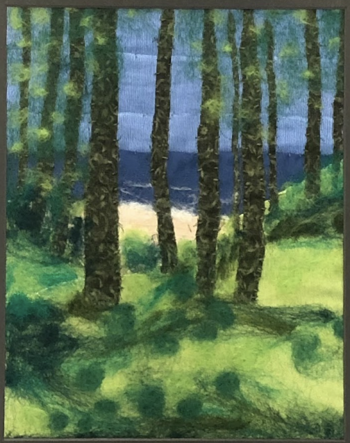 Painting of a forest with tall trees, green grass, and a blue sky in the background.