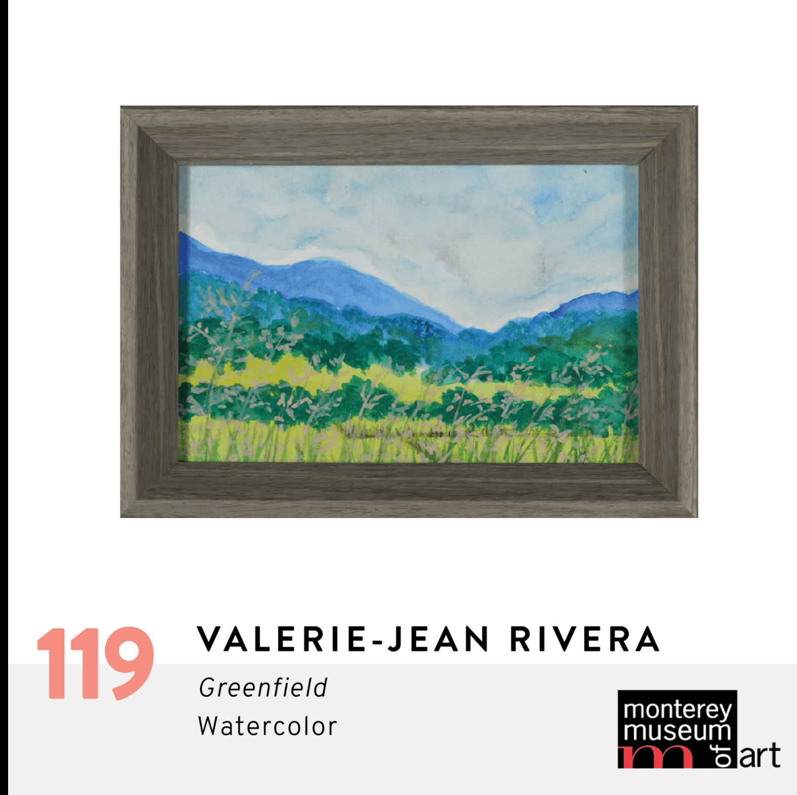 Landscape painting of mountains, trees, and grass in watercolor style, framed in wood.