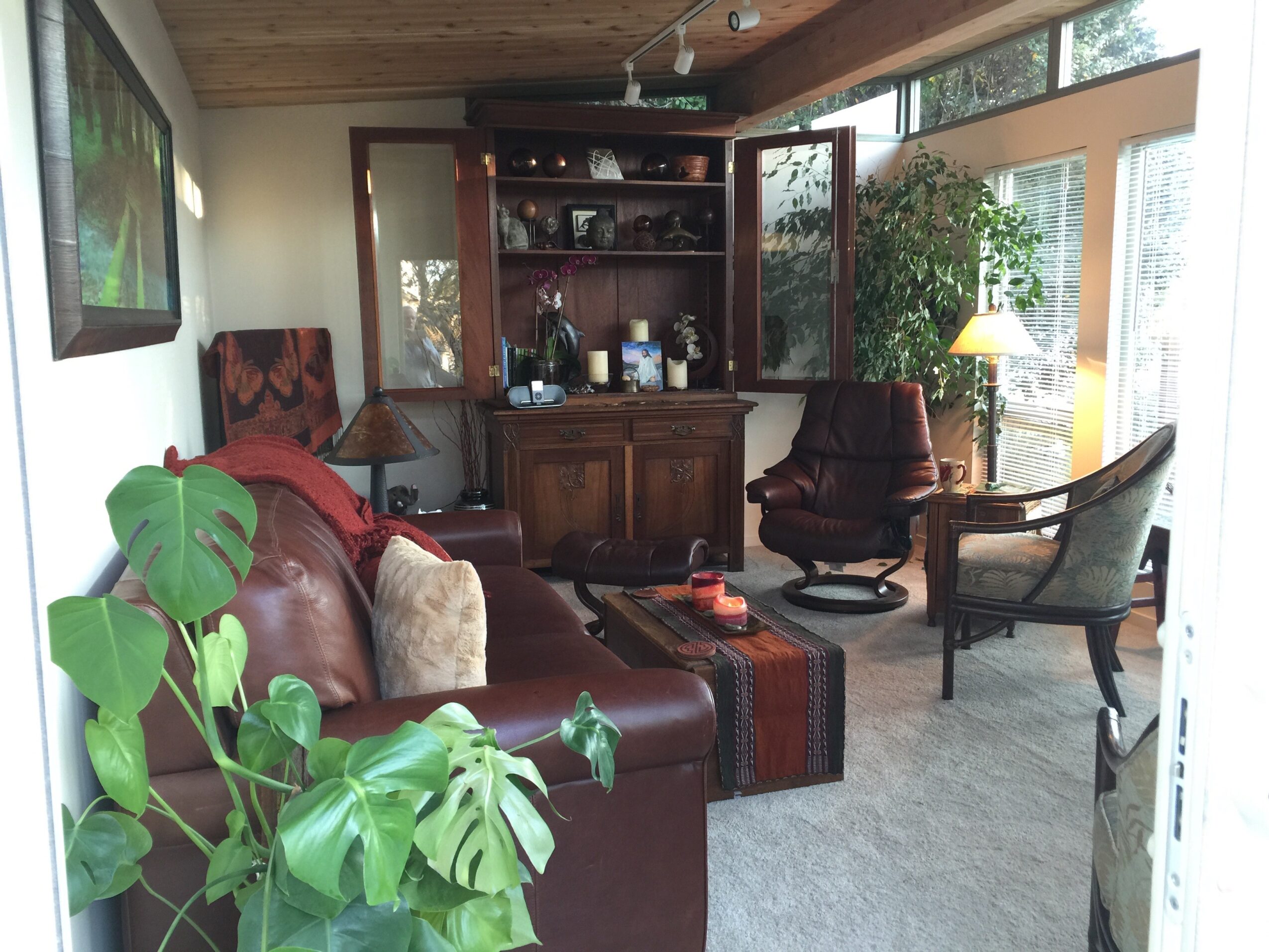 Living room with leather sofa, wooden cabinet, armchairs, plants, and large windows, sunlight streaming in.