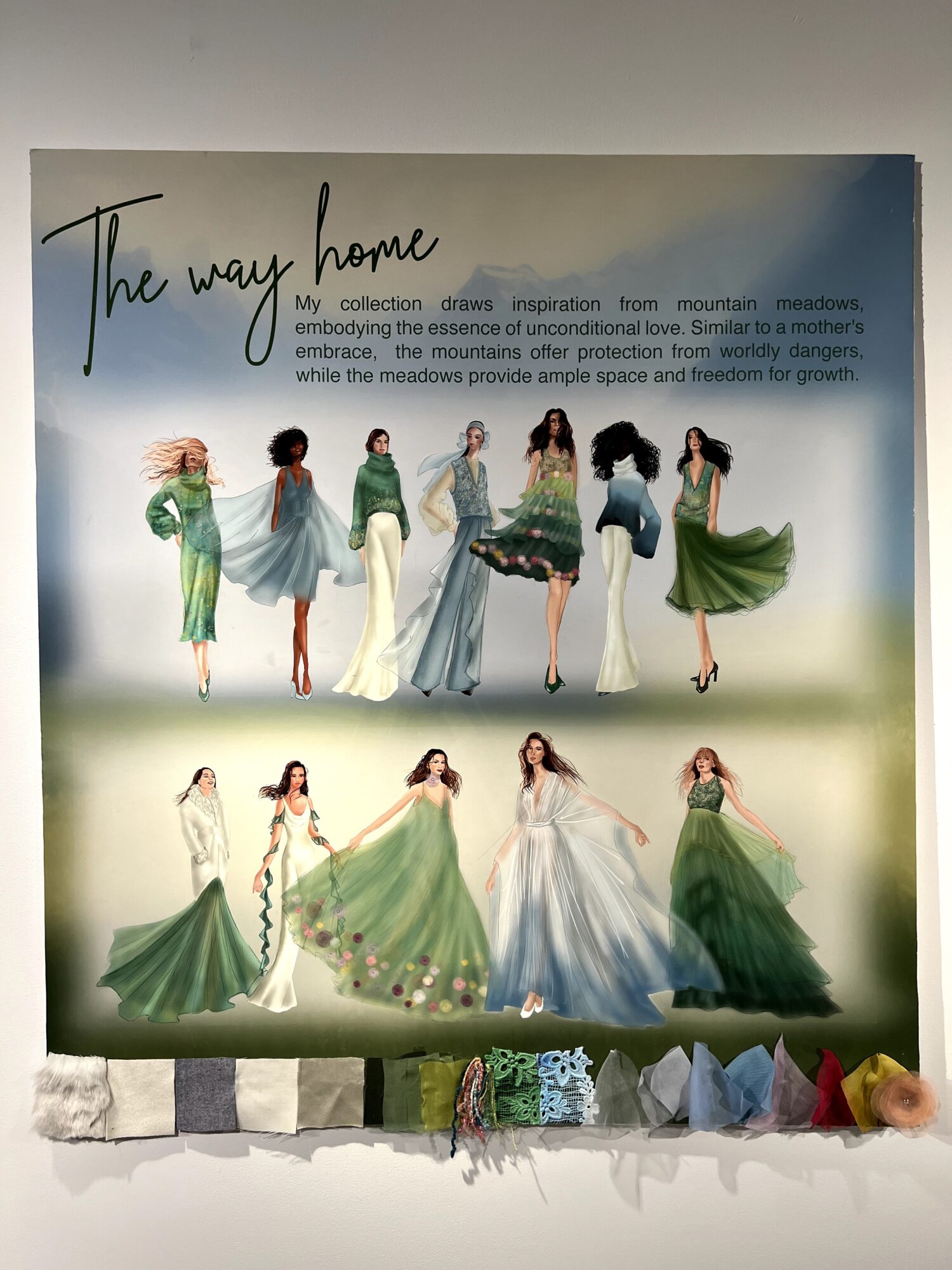 Poster with seven women in flowing dresses standing on grass, with a cloudy sky background and text at the top.