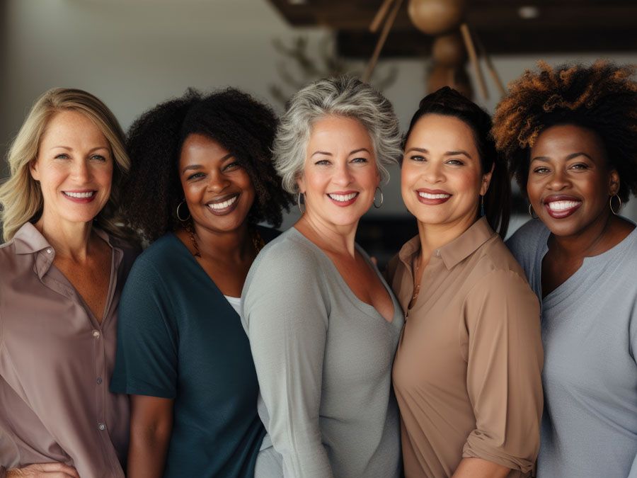 Group of five women smiling, standing close together indoors, diverse ages and hairstyles, casual clothing.