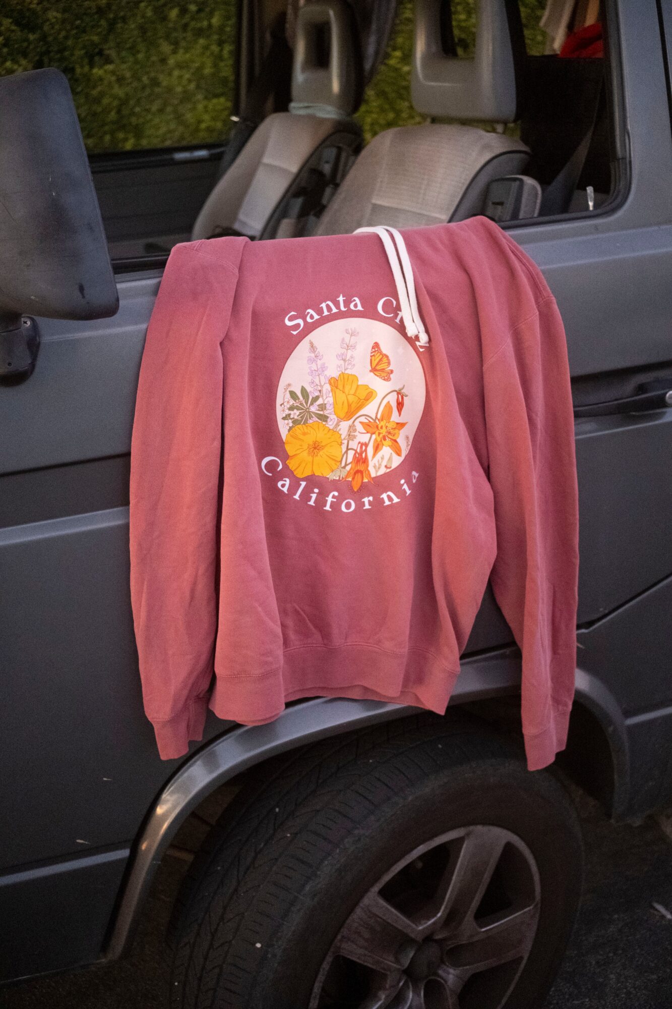 Pink sweatshirt with a Santa Cruz, California logo and floral design draped over a vehicle door handle.