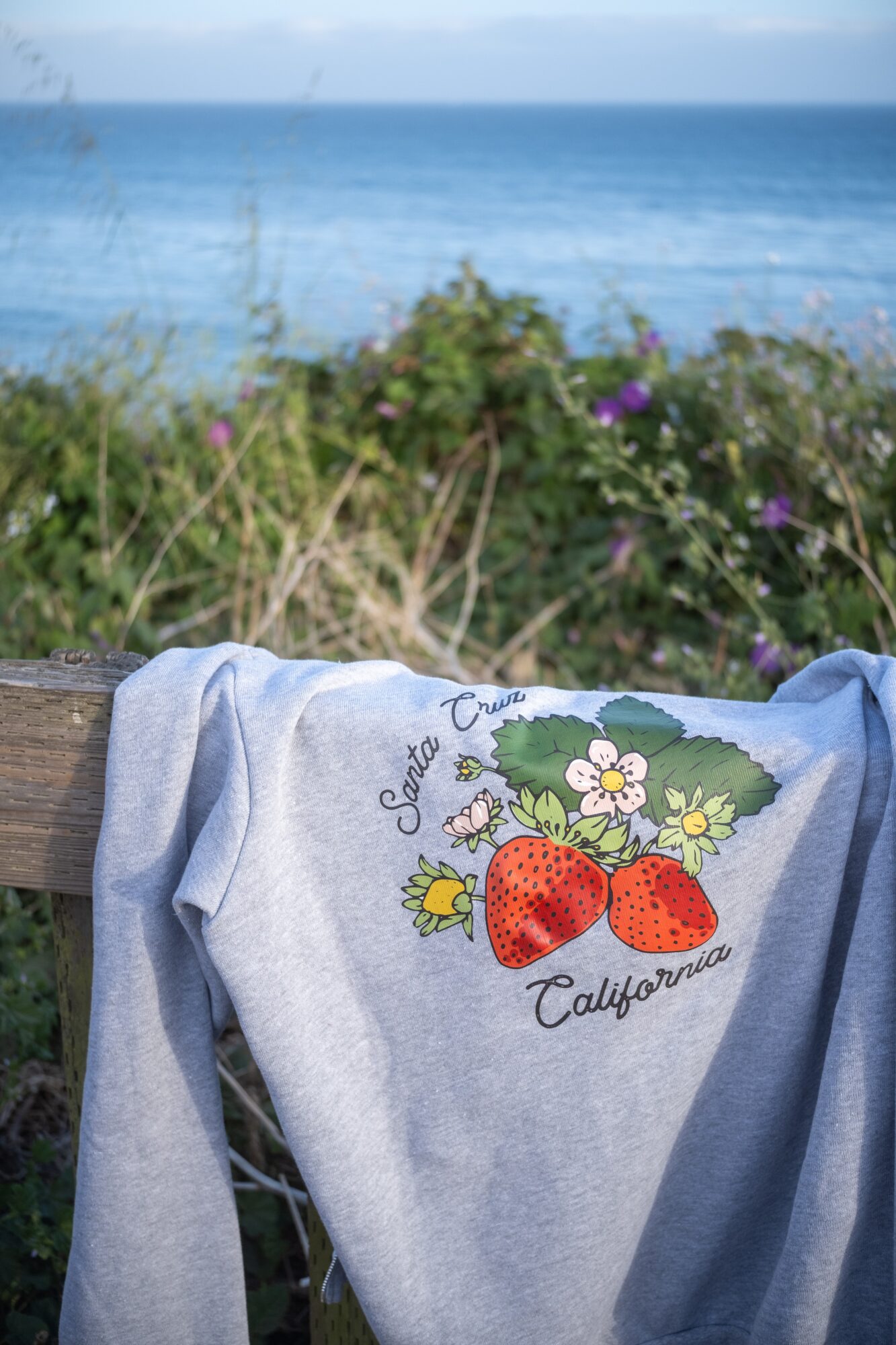 Cloth with strawberry and flower design draped over a wooden railing near a beach, ocean, and plants in background.
