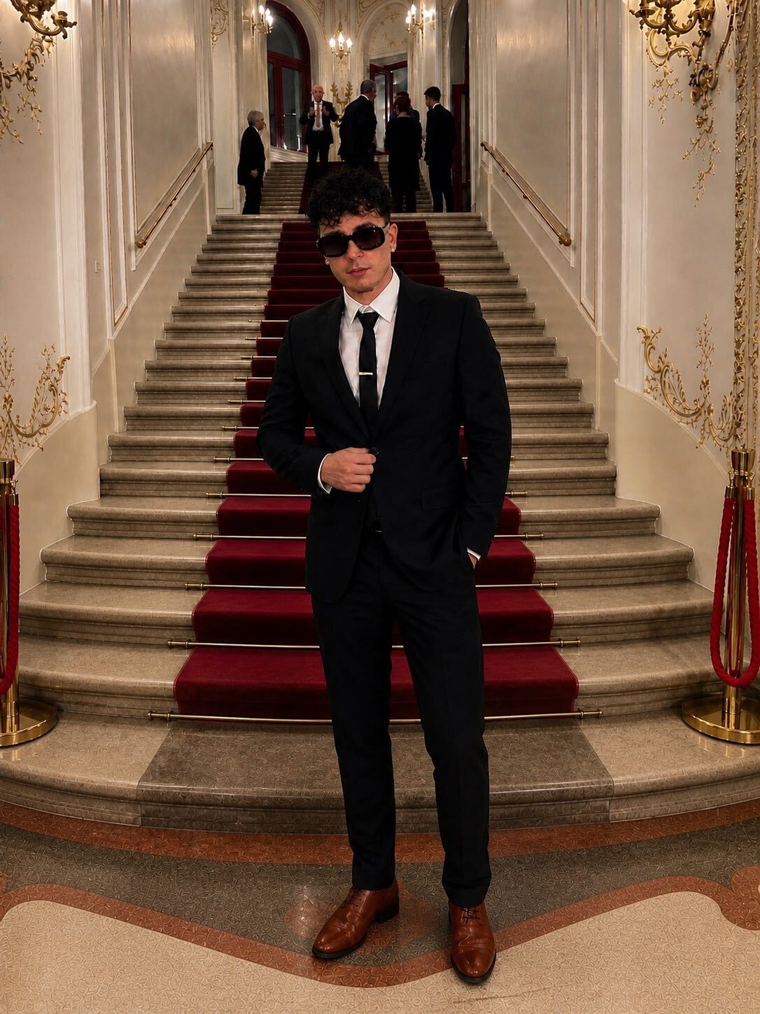 Young man in a black suit and sunglasses standing on a grand staircase with a red carpet, ornate walls, and chandeliers.