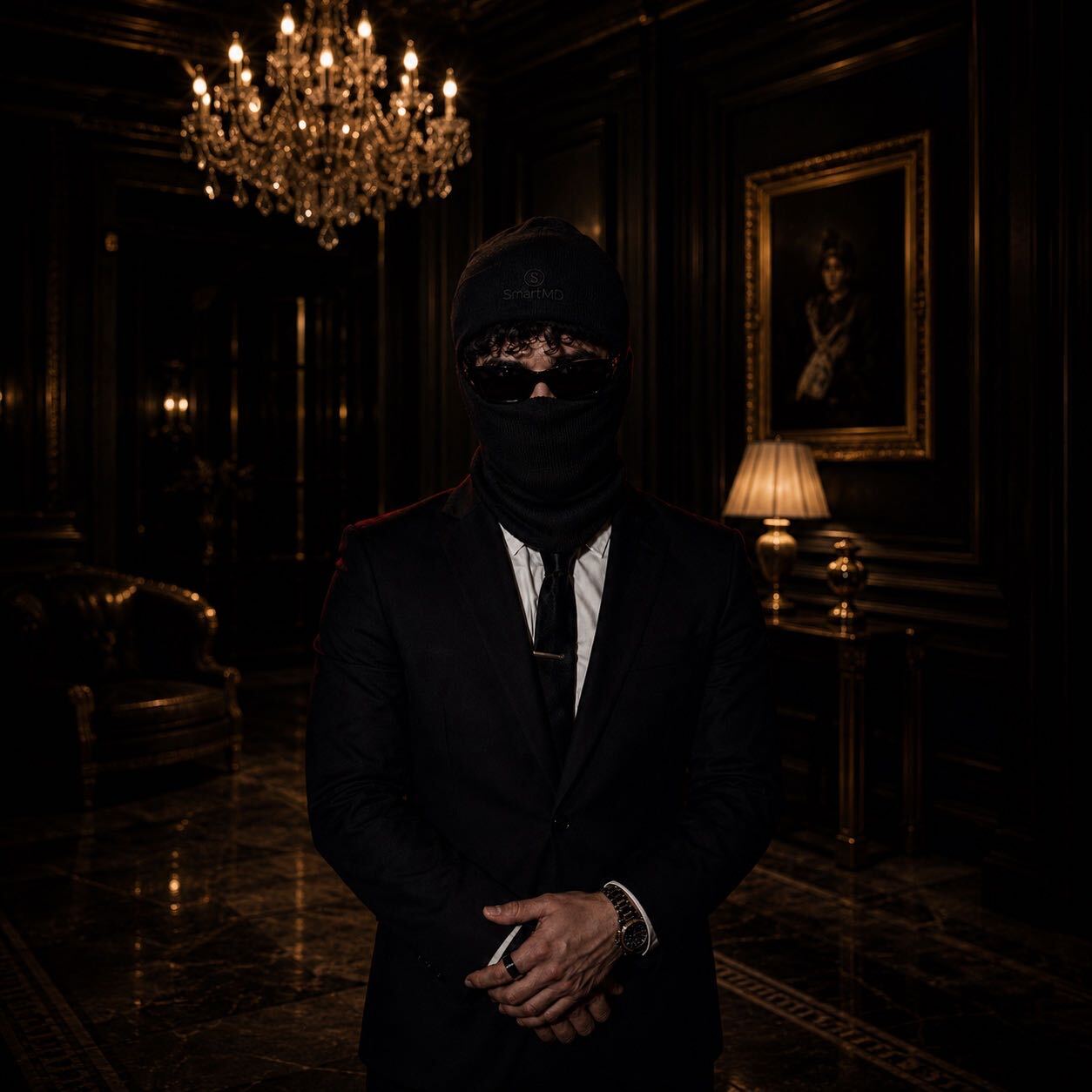 Person in dark suit with face covering, standing in a dimly lit, elegant room with chandelier and framed portrait.
