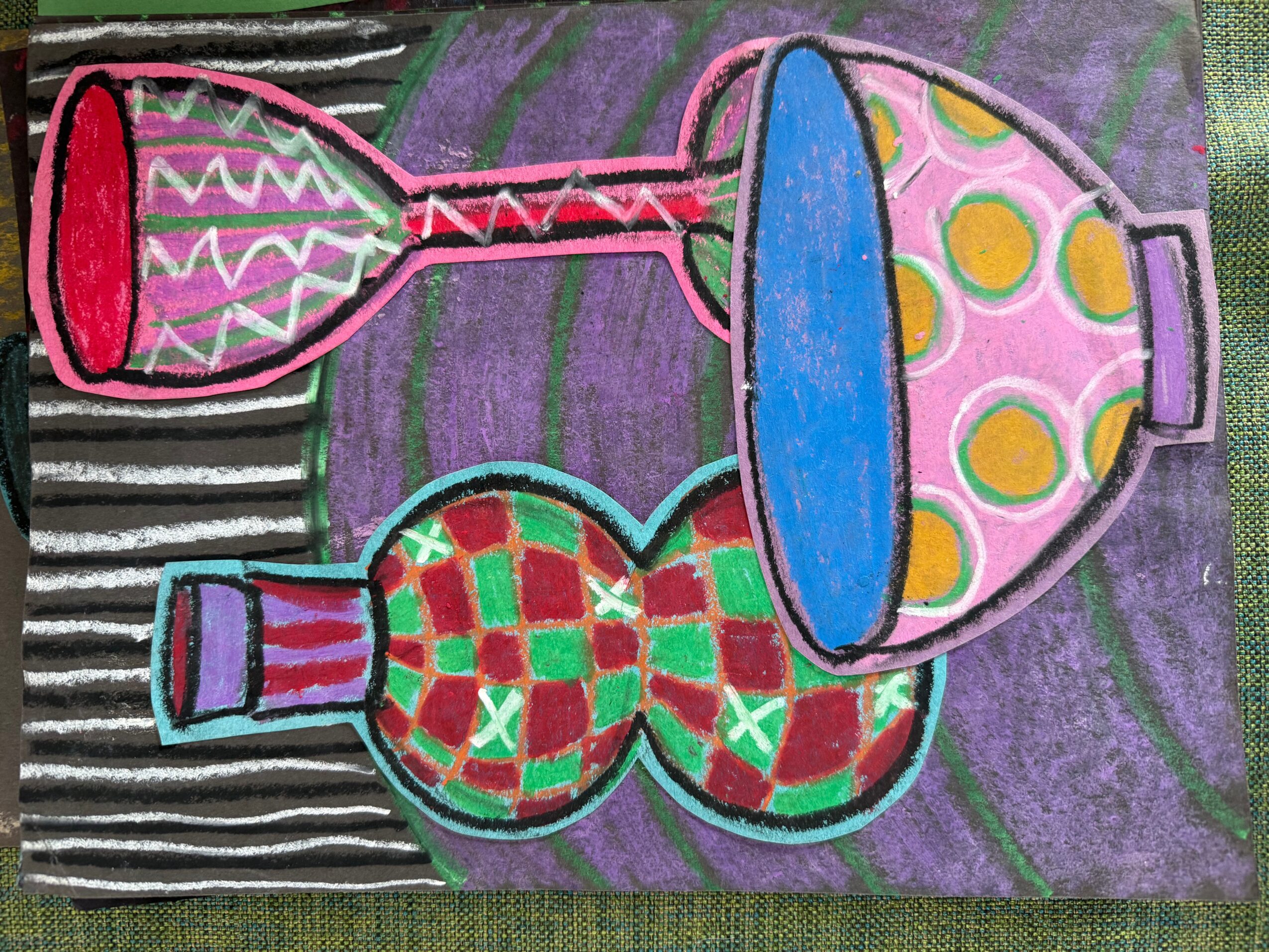 Colorful abstract shapes resembling bottles and containers on a purple and black striped background.
