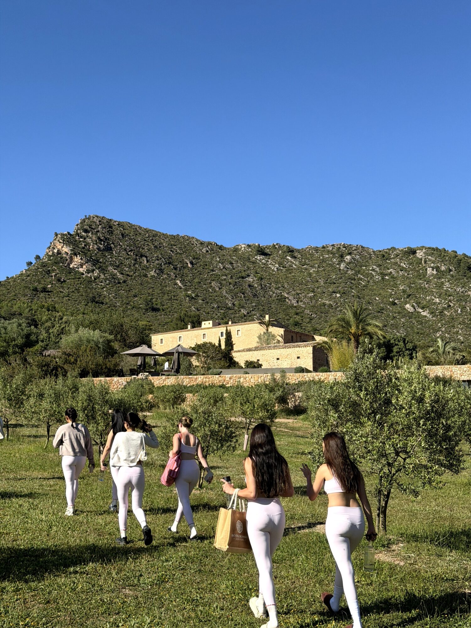 Group of five people walking on grassy field towards a building on a hill, with trees and a mountain in the background, under a clear blue sky.