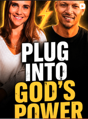 Two smiling people with lightning bolt symbols behind them, text reads 'Plug into God's Power'.