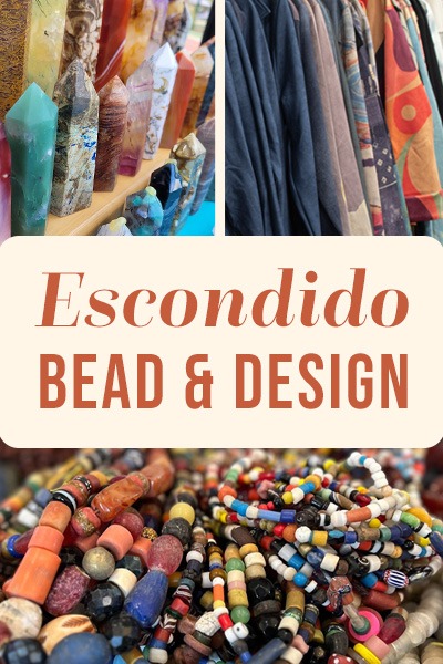 Display of colorful beads, fabrics, and jewelry with text 'Escondido Bead & Design'.
