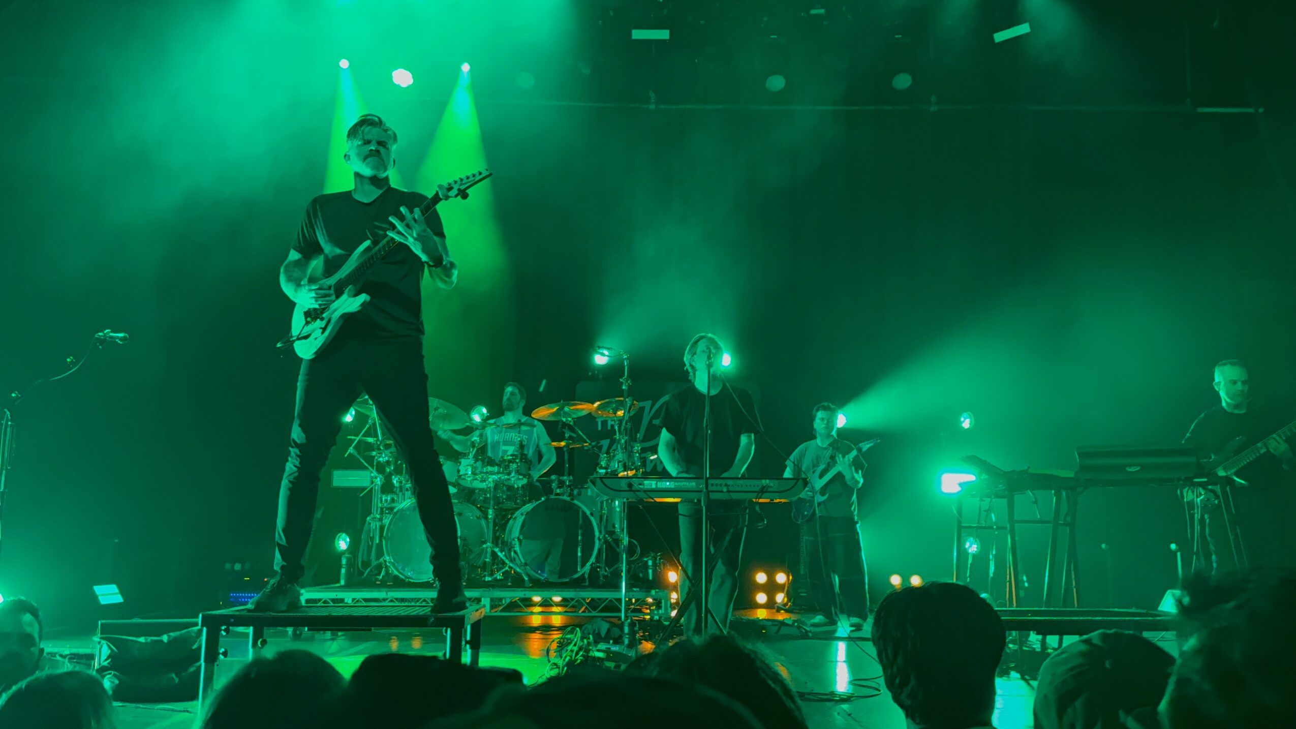 Musician playing guitar on stage with green lighting and band members in background, audience visible at bottom.
