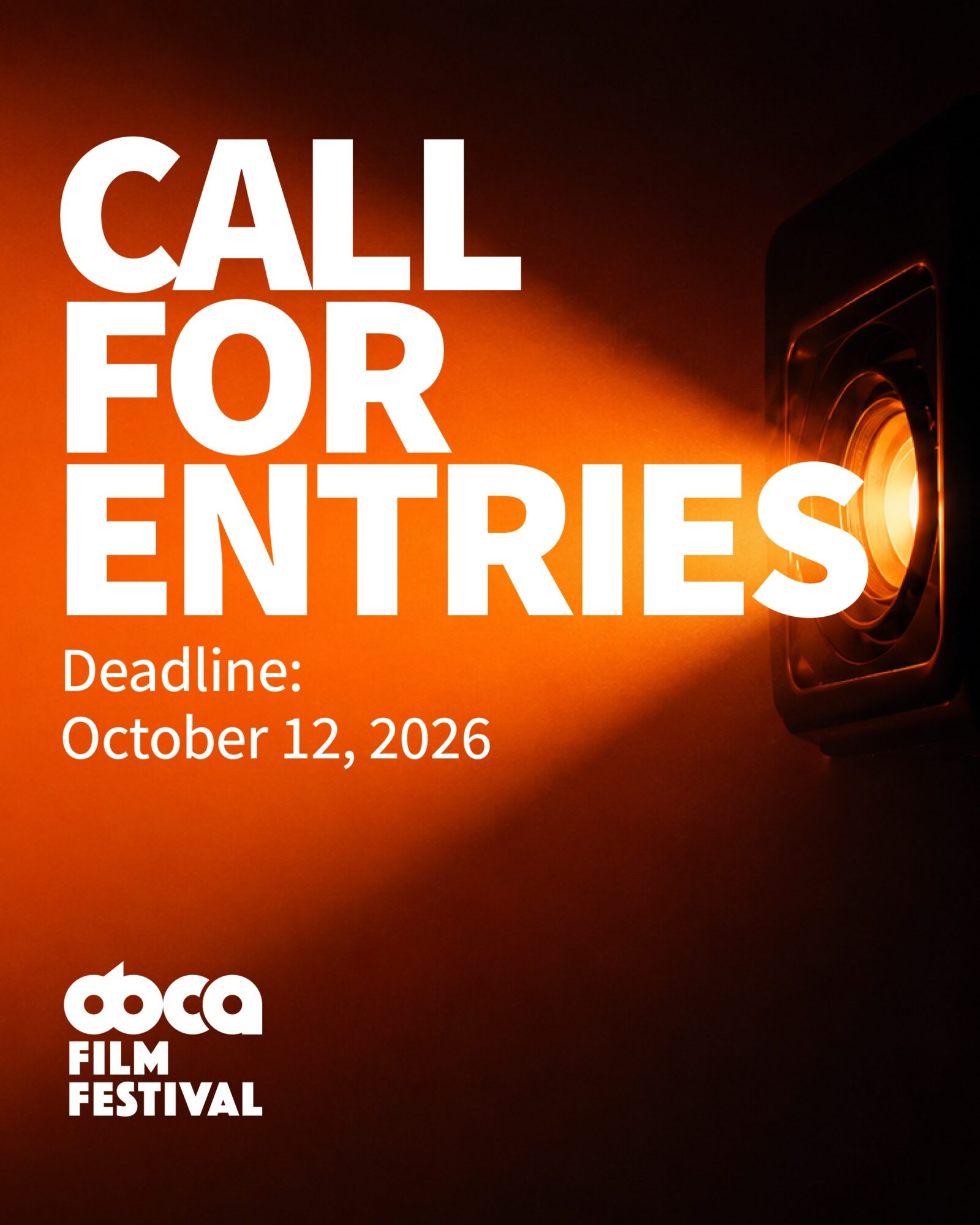 Call for entries poster with deadline October 12, 2026, and a speaker or projector emitting light, with a dark background.