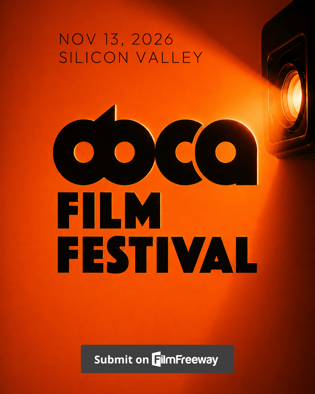Poster for ABC Film Festival on November 13, 2026, with a bright orange background and black text, featuring a speaker image.