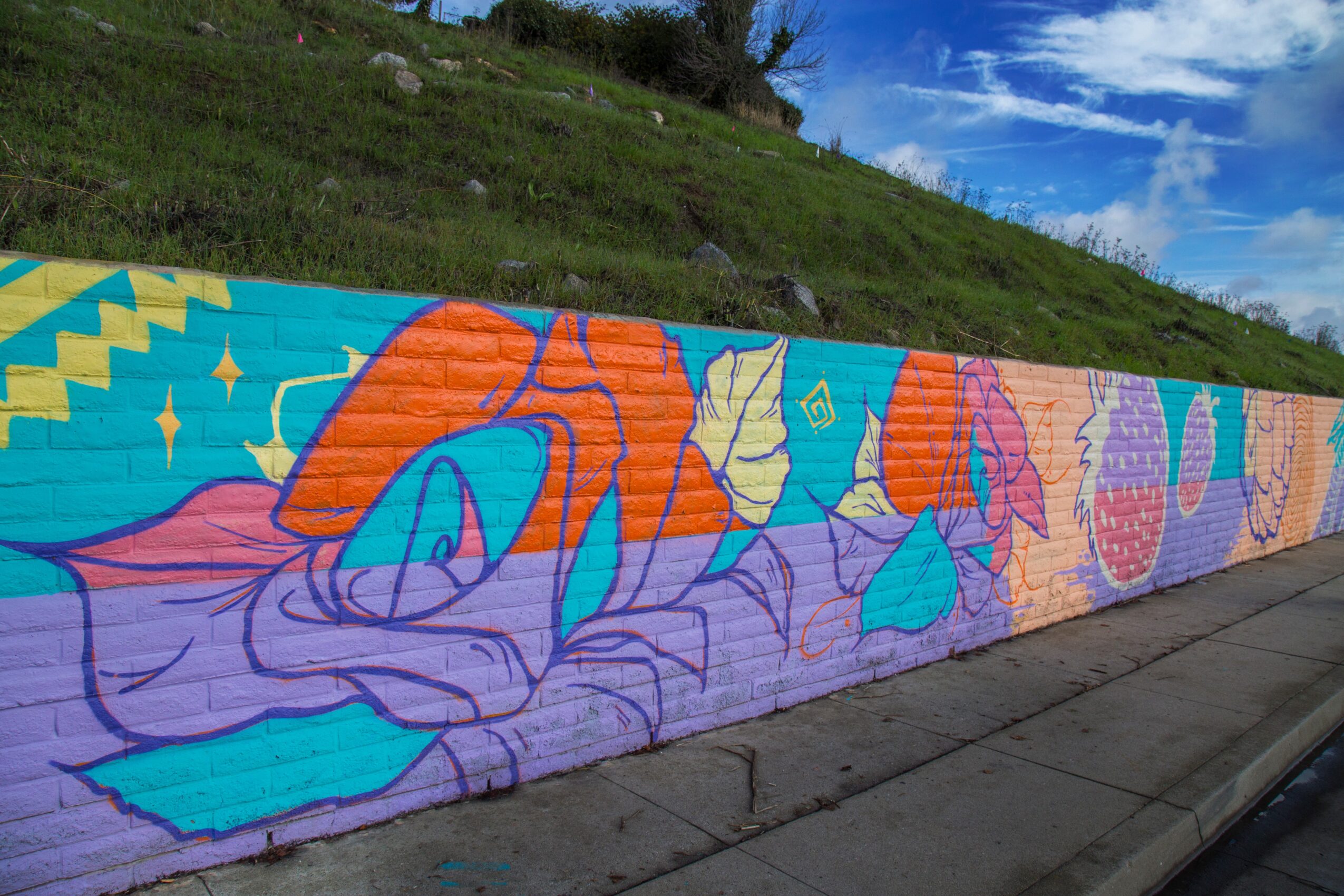 Colorful mural of abstract shapes and faces on a long wall, with a grassy hill and blue sky in background.