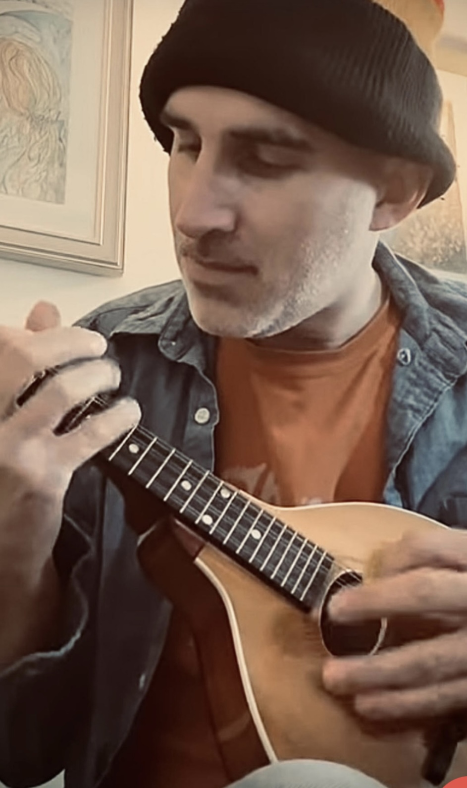 Person wearing a black beanie playing a small stringed instrument, possibly a ukulele, indoors with a framed picture in the background.
