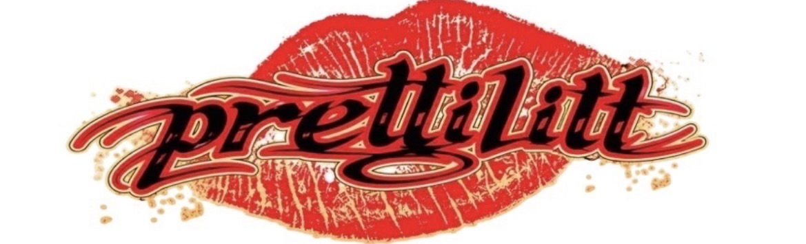 Red lipstick kiss mark with stylized text 'Prettylitt' over it.