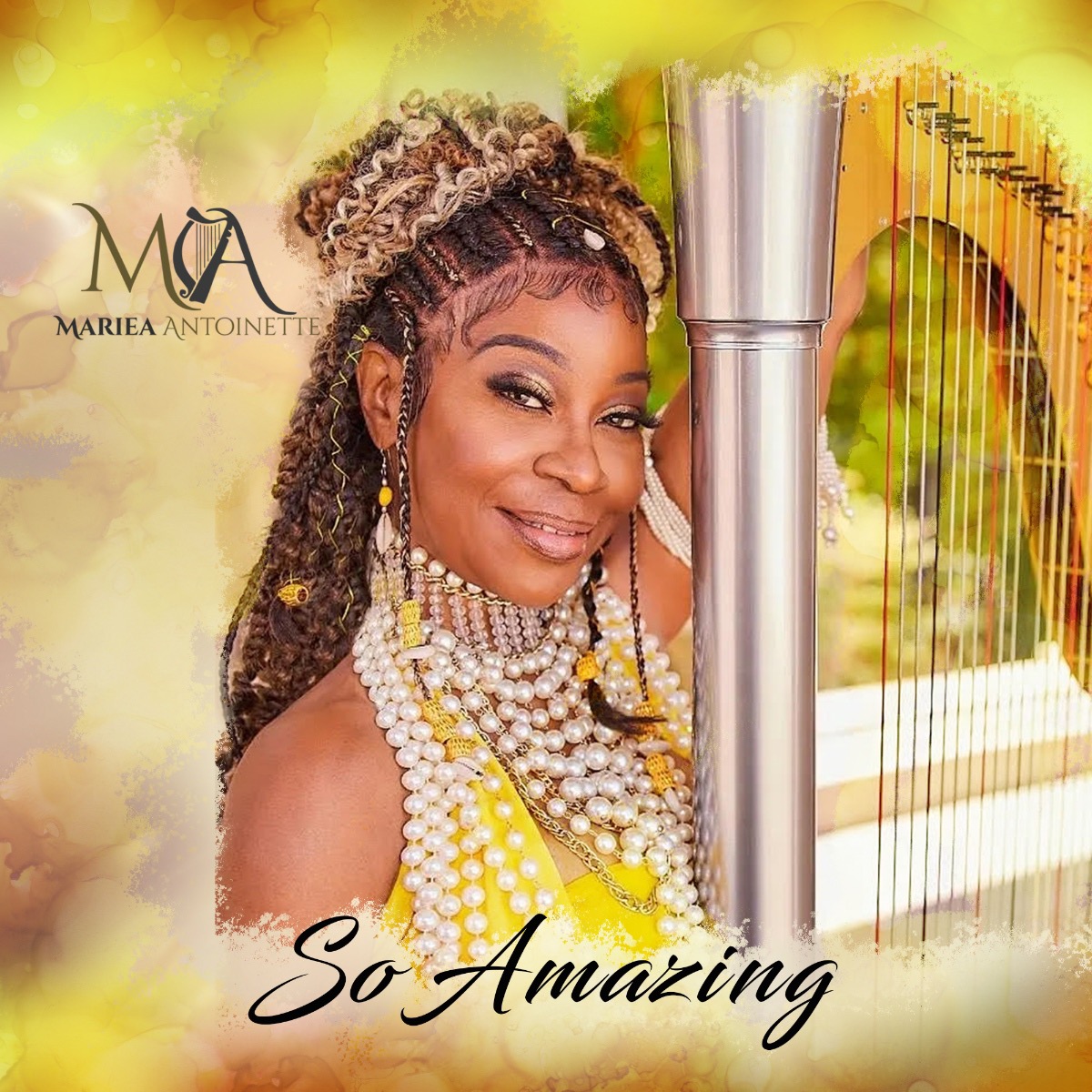 Woman with curly hair and jewelry smiling next to a harp outdoors, with yellow background and text 'So Amazing'.