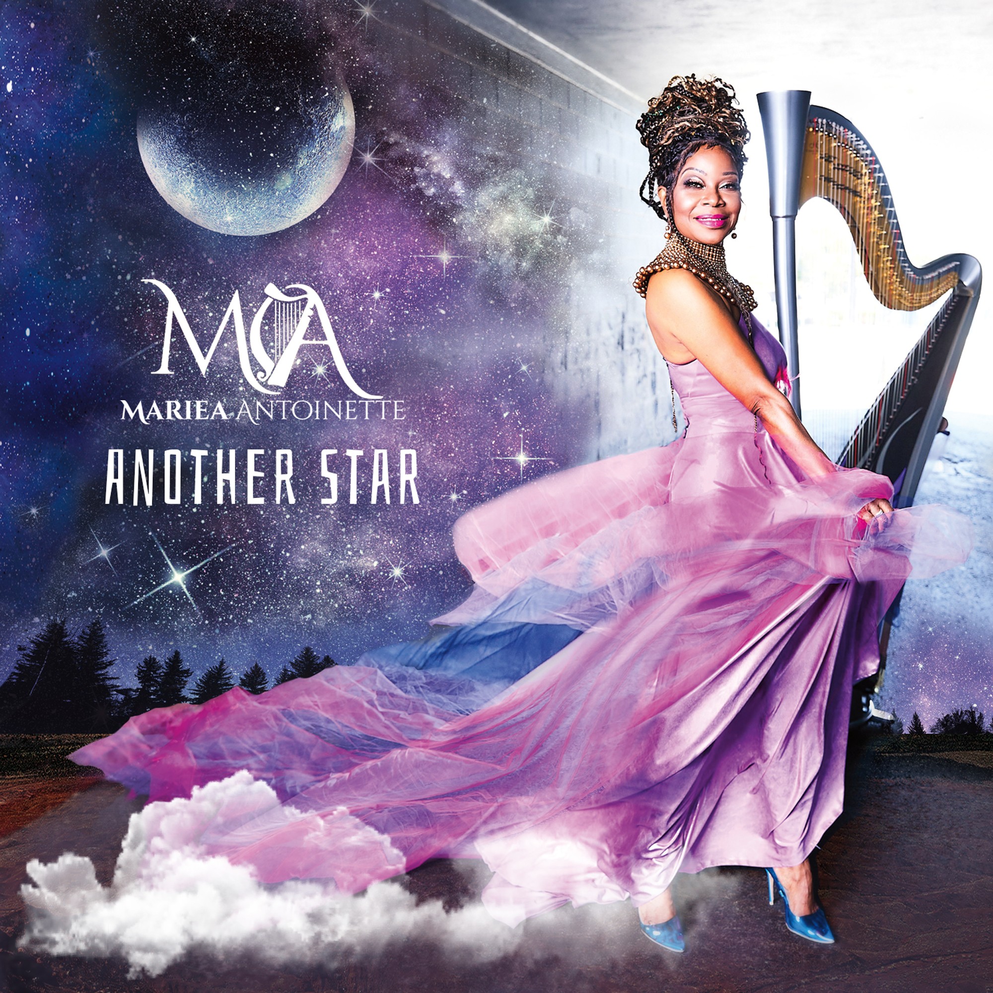 A woman in a flowing pink dress sits on a harp against a starry night sky with a moon and clouds.