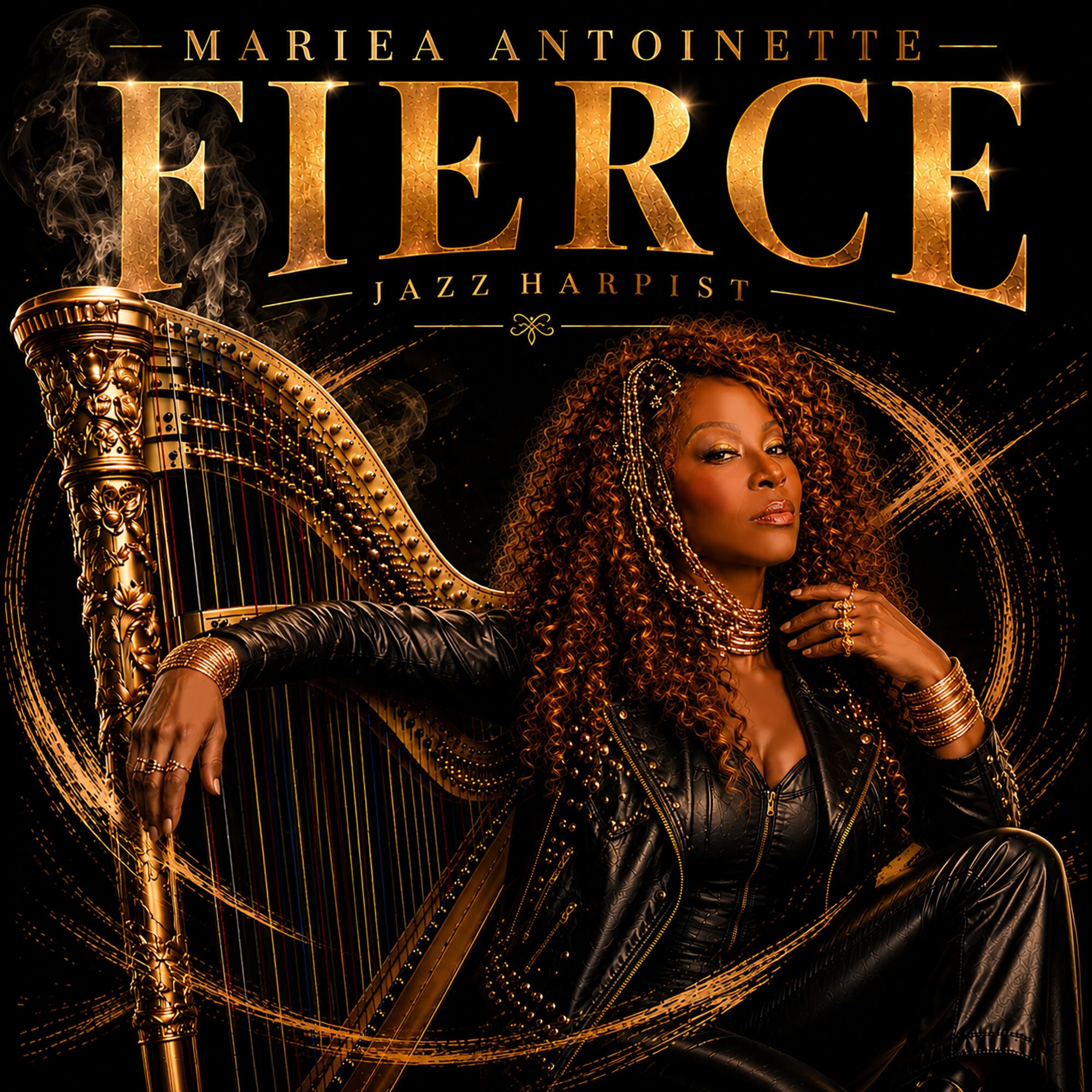 Cover of a music album featuring a woman with curly hair, sitting with a harp, wearing black leather clothing, gold accents.