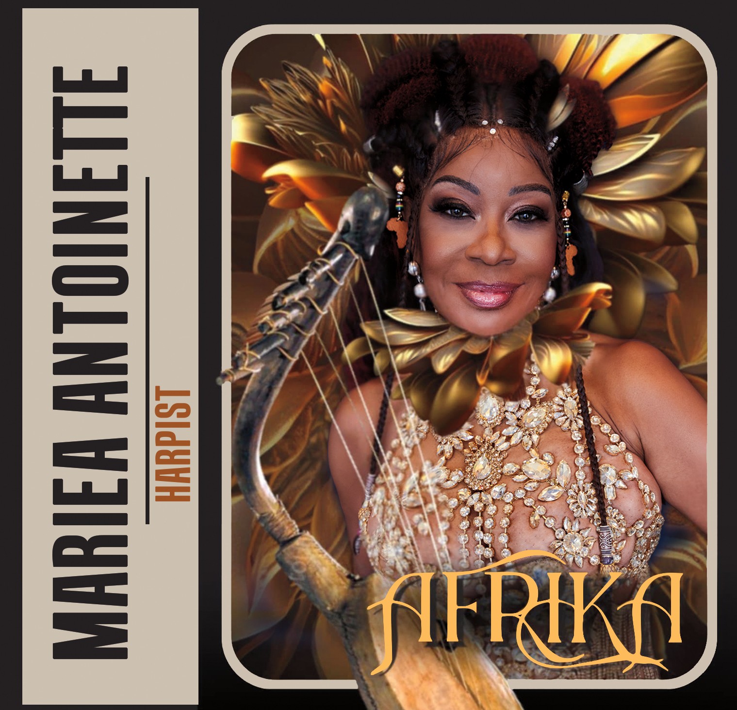 Woman in elaborate African-inspired costume with feathers and jewelry, smiling, with the word 'AFRIKA' at the bottom.