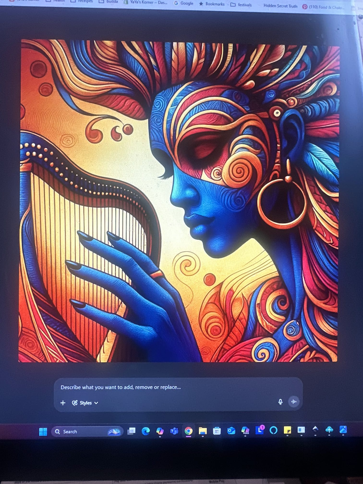 Colorful digital artwork of a woman with blue skin, intricate hair, and large earrings, touching a mirror or reflective surface.
