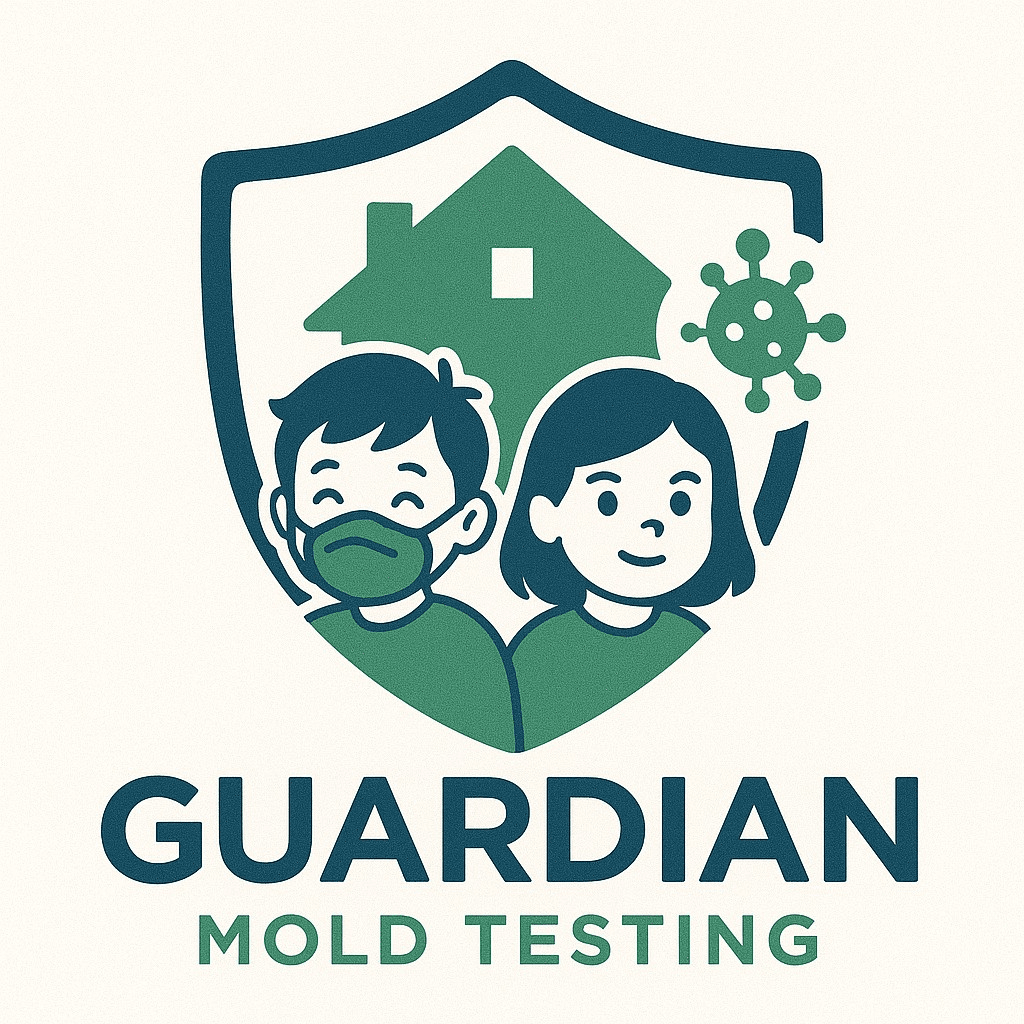 Two people wearing masks inside a shield with a house and virus symbol, representing mold testing and protection.