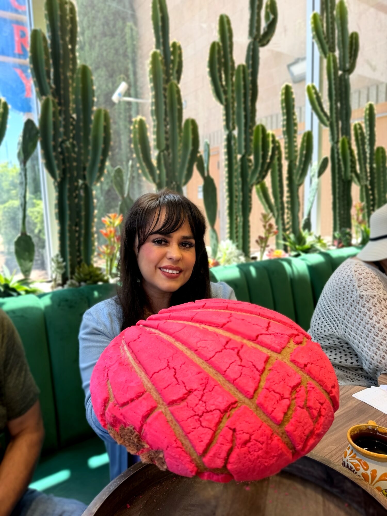 Woman sitting at a table with a large pink plush object resembling a brain, cactus plants in the background.