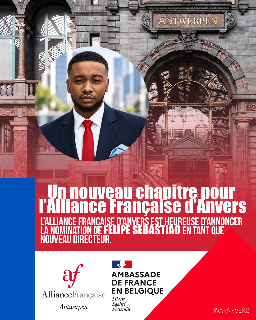 Portrait of a man in a suit and red tie, with a building in the background, overlaid on a red background with French text.
