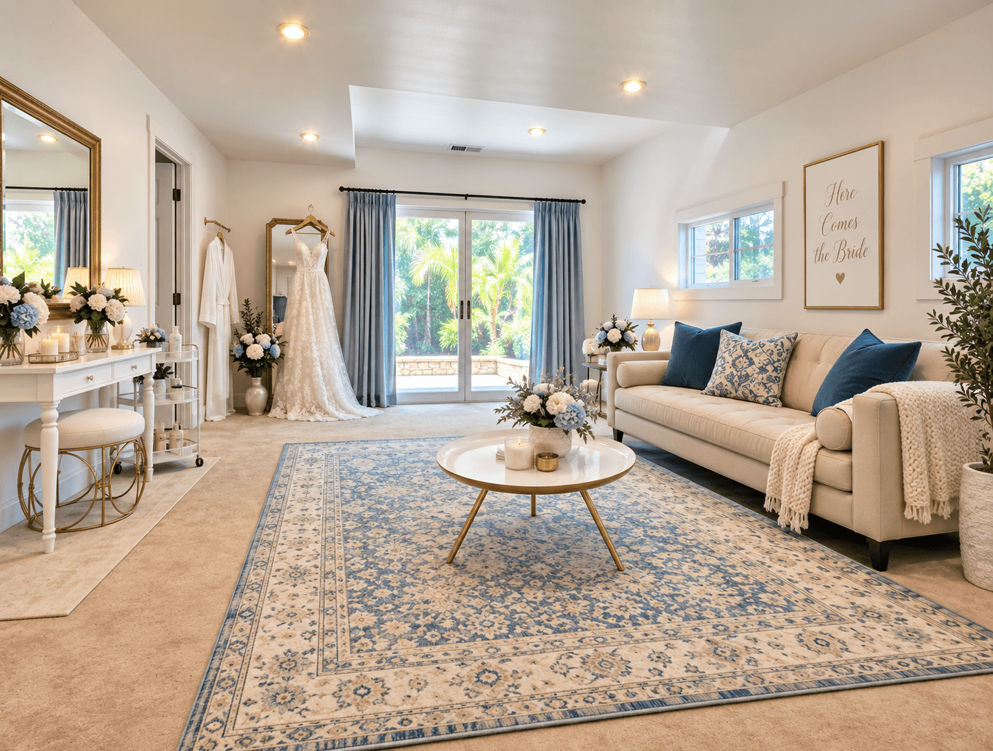 Living room with a sofa, coffee table, and wedding dresses near sliding glass doors, decorated with flowers and framed art.