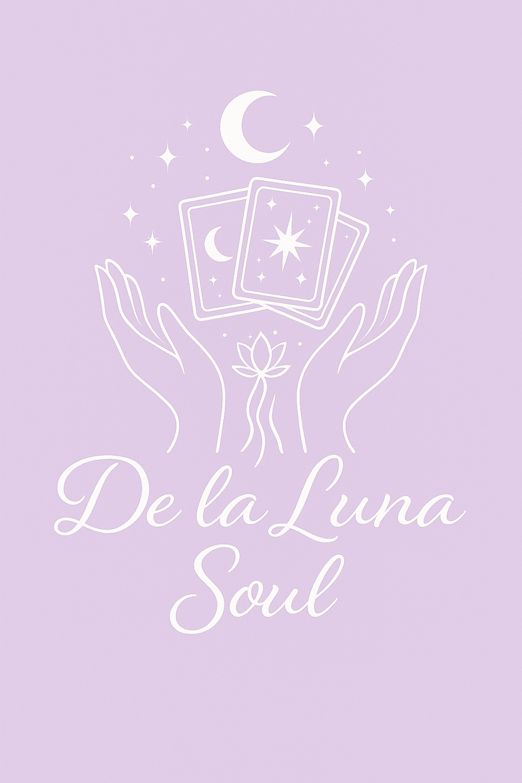 Two hands hold tarot cards with celestial symbols, moon, and stars, above the text 'De la Luna Soul' on a purple background.