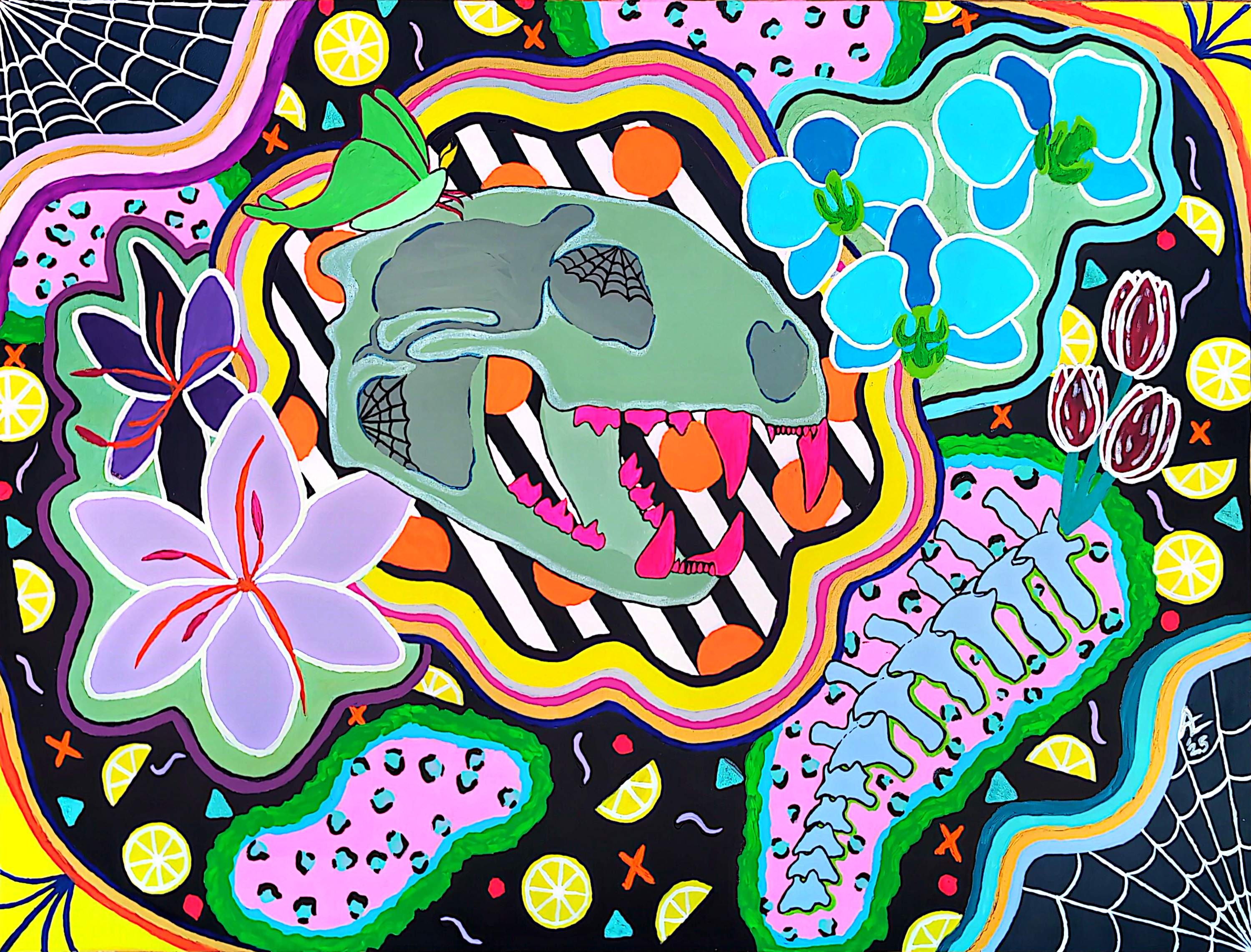 Colorful illustration of a crocodile head surrounded by flowers, abstract shapes, and patterns with vibrant colors.