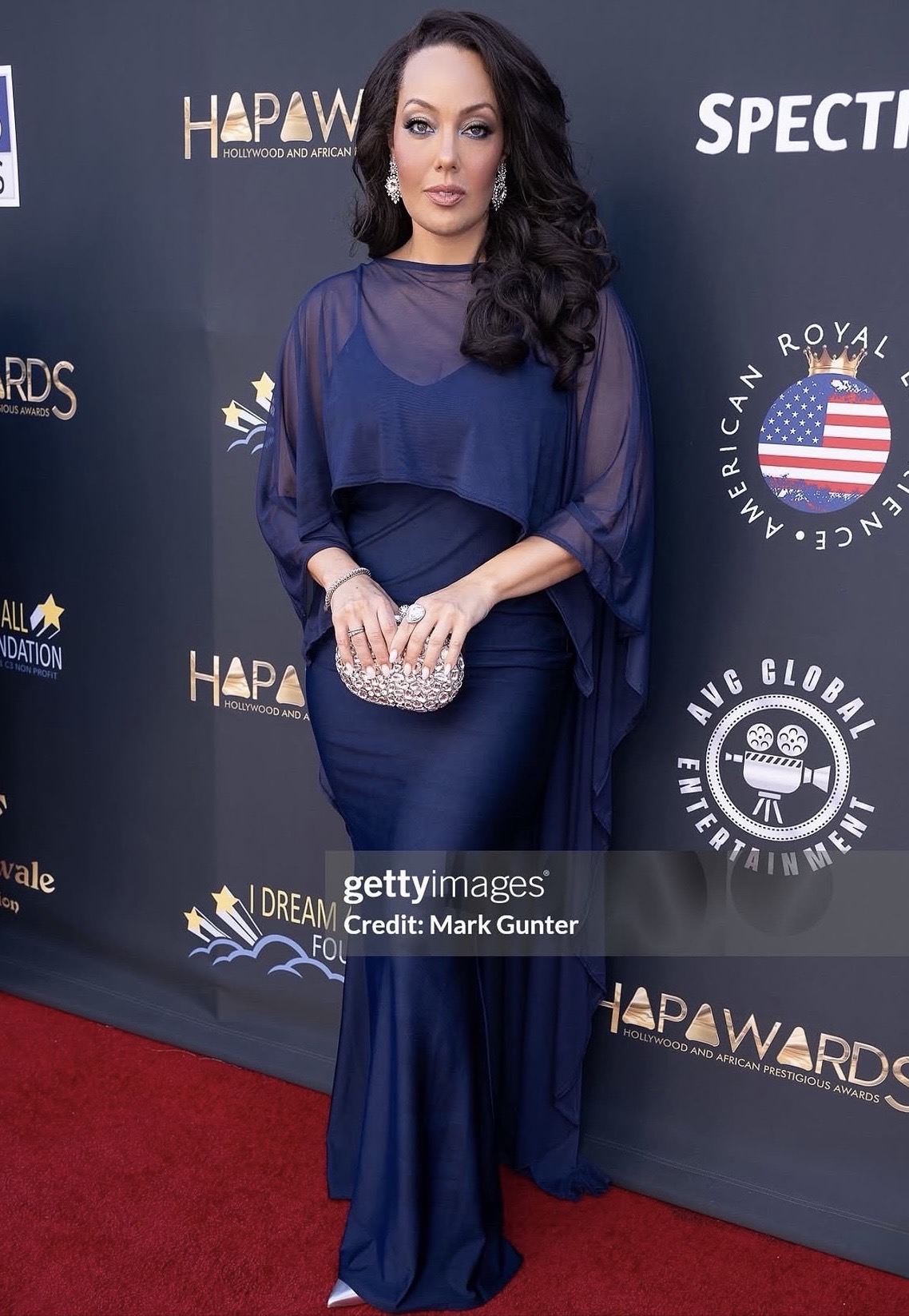 Woman in dark blue gown with sheer sleeves, standing on red carpet at event, holding a small clutch bag.
